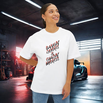 Bangin' Doors & Chasin' Whores-Premium, Ultra Soft Unisex Oversized Boxy Tee Printify by The Night Shift Automotive Apparel