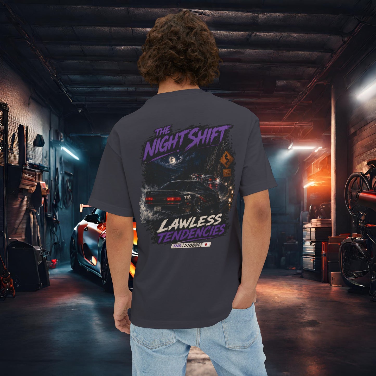 Nissan 240sx S13 Lawless Tendencies-Premium, Ultra Soft Unisex Oversized Boxy Tee Dark Grey Printify by The Night Shift Automotive Apparel