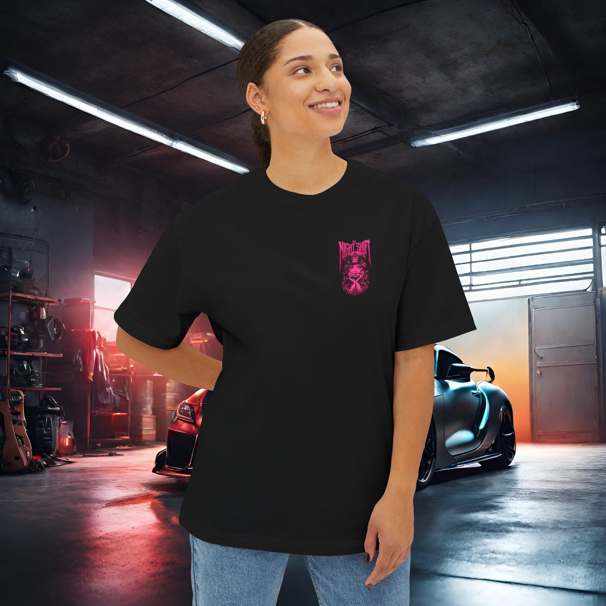 The Night Shift Promo Girl-Premium, Ultra Soft Unisex Oversized Boxy Tee Printify by The Night Shift Automotive Apparel