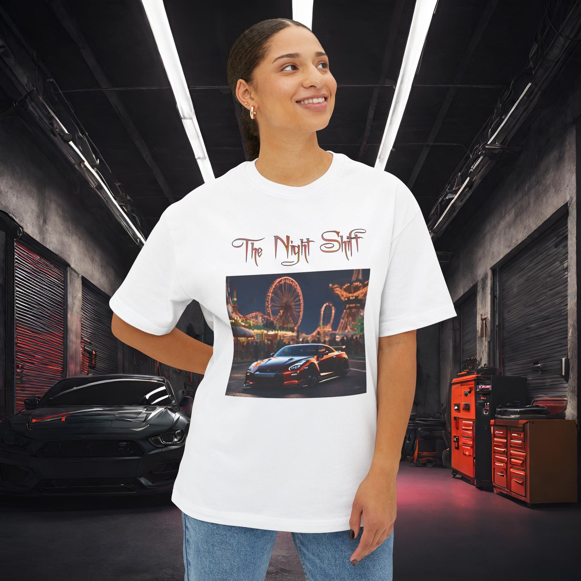 Nissan GTR R35 Amusement Park-Premium, Ultra Soft Unisex Oversized Boxy Tee Printify by The Night Shift Automotive Apparel