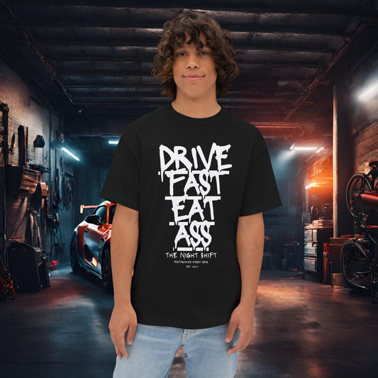 Drive Fast, Eat Ass-Premium, Ultra Soft Unisex Oversized Boxy Tee Black Printify by The Night Shift Automotive Apparel