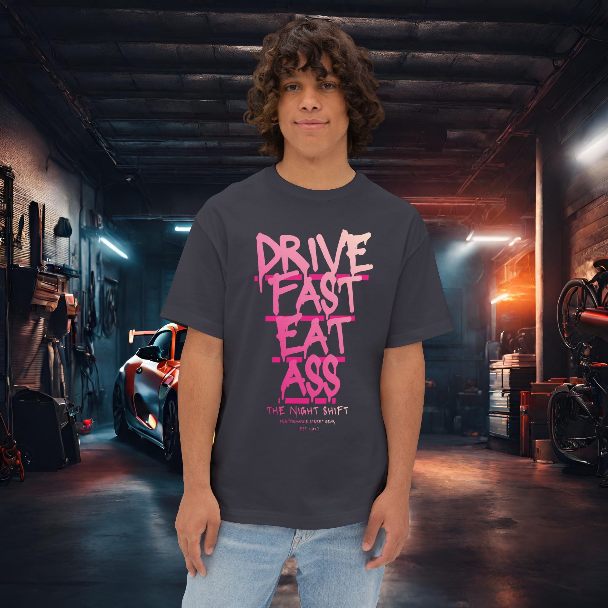 Drive Fast, Eat Ass-Premium, Ultra Soft Unisex Oversized Boxy Tee Dark Grey Printify by The Night Shift Automotive Apparel