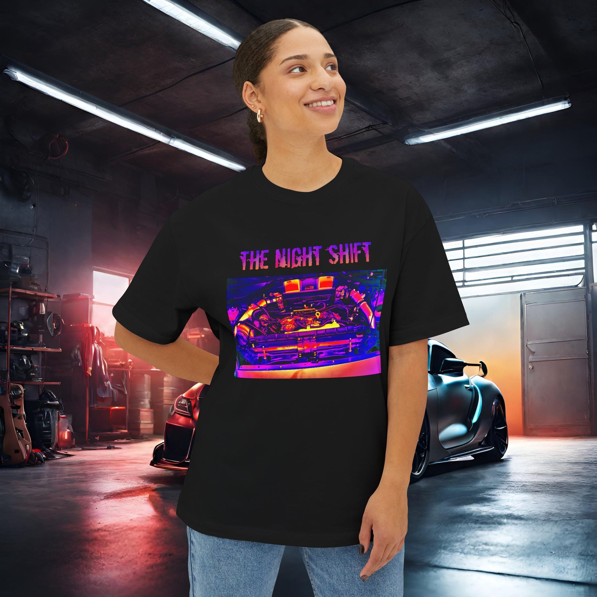 VQ37VHR Single Turbo-Premium, Ultra Soft Synthwave Unisex Oversized Boxy Tee Printify by The Night Shift Automotive Apparel