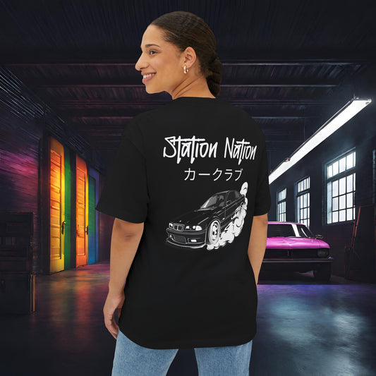 Station Nation-Premium, Ultra Soft Unisex Oversized Boxy Tee Black Printify by The Night Shift Automotive Apparel