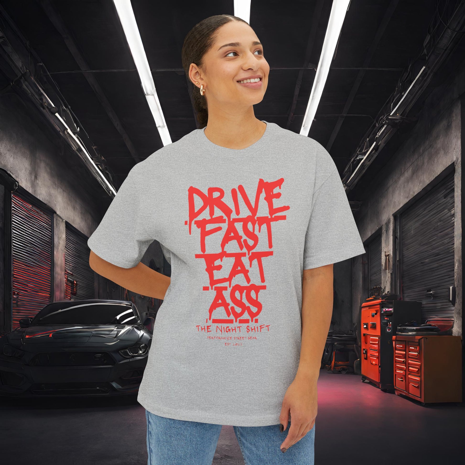 Drive Fast, Eat Ass-Premium, Ultra Soft Unisex Oversized Boxy Tee Printify by The Night Shift Automotive Apparel