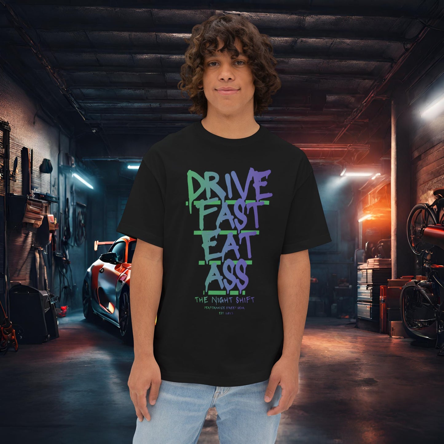 Drive Fast, Eat Ass-Premium, Ultra Soft Unisex Oversized Boxy Tee Black Printify by The Night Shift Automotive Apparel