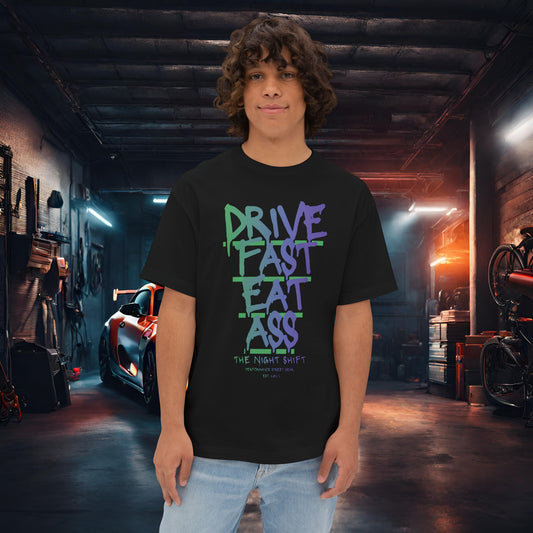 Drive Fast, Eat Ass-Premium, Ultra Soft Unisex Oversized Boxy Tee Black Printify by The Night Shift Automotive Apparel