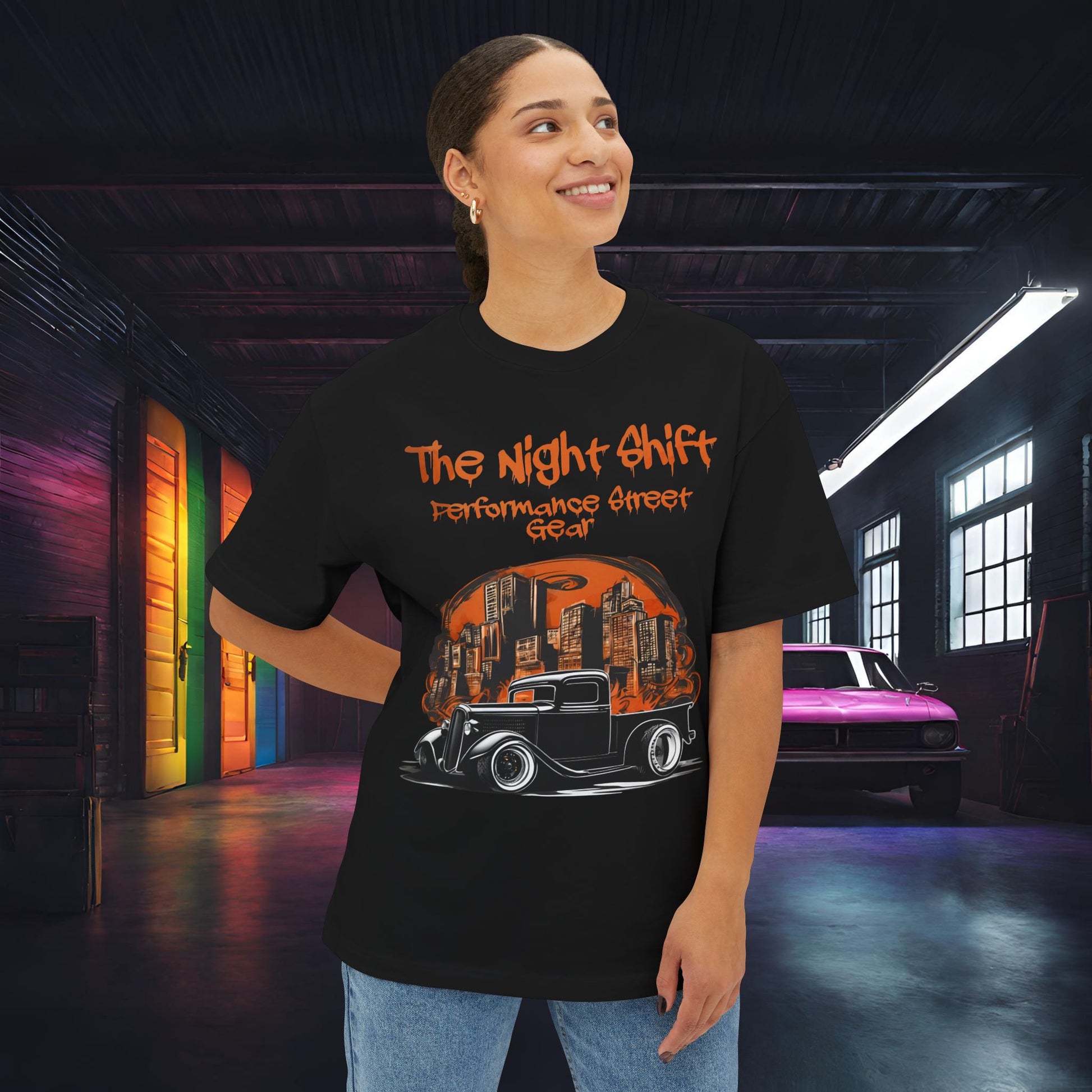 1930's Hot Rod Pick Up Urban Streets-Premium, Ultra Soft Unisex Oversized Boxy Tee Printify by The Night Shift Automotive Apparel