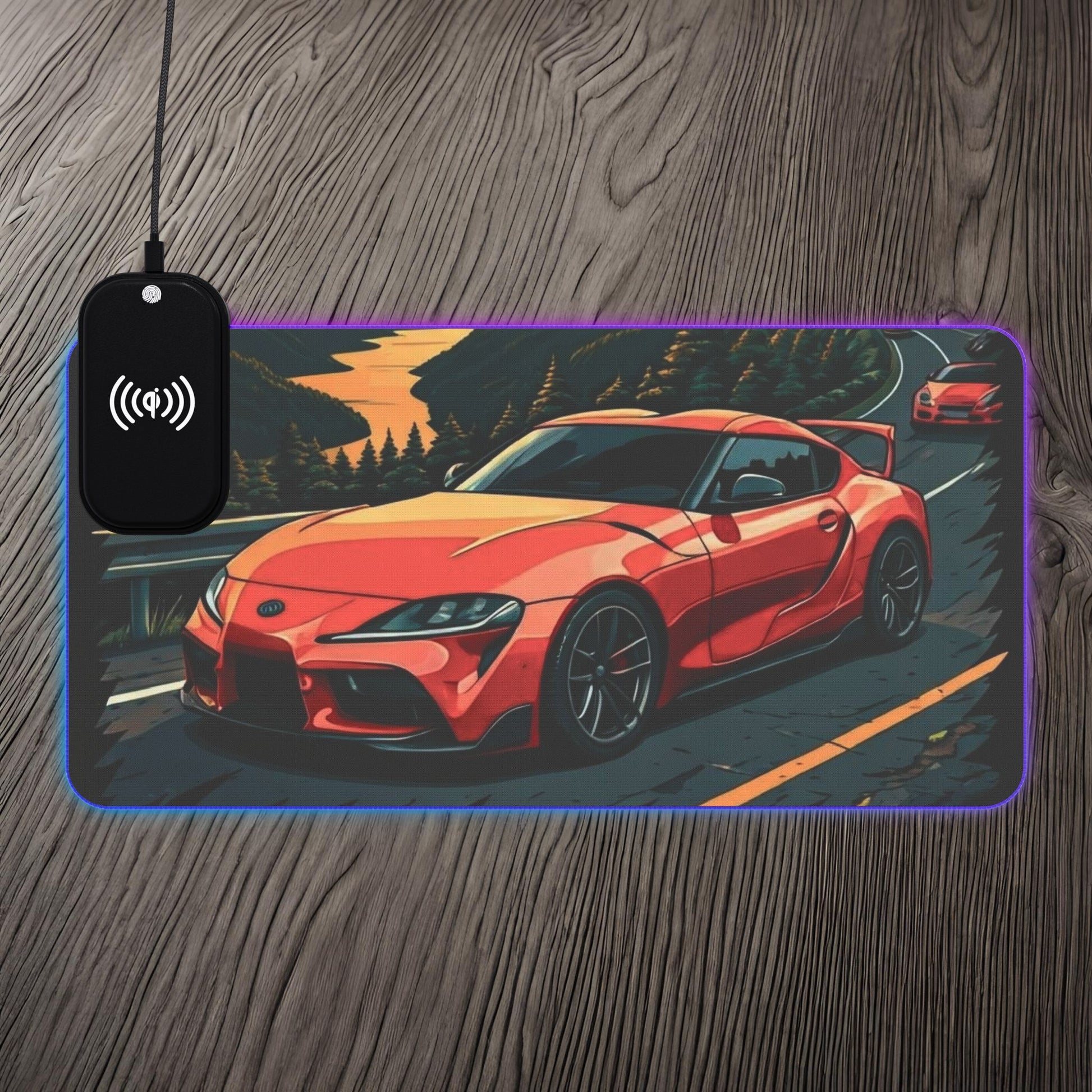 Toyota Supra MK-V Mountain Drive-LED Gaming Mouse Pad with Wireless Charging 23.6" × 11.8" Rectangle 15W Printify by The Night Shift Automotive Apparel