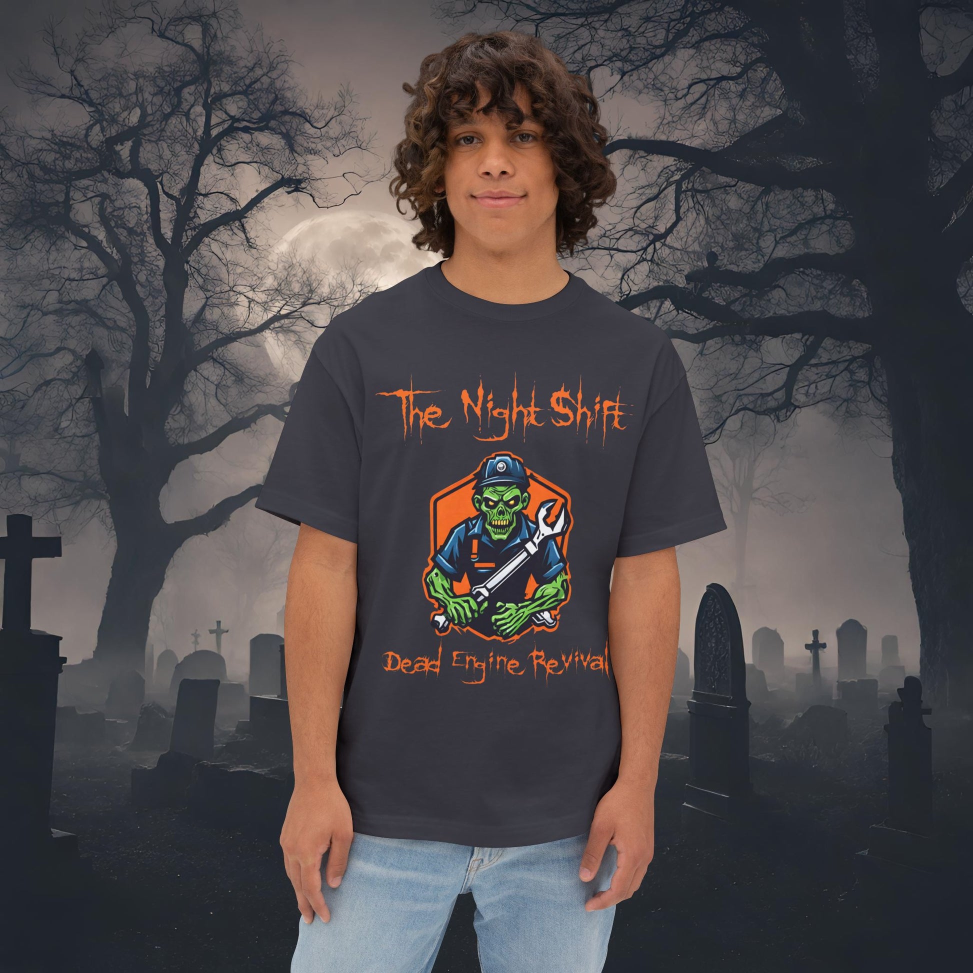 Zombie Dead Engine Revival-Premium, Ultra Soft Unisex Oversized Boxy Tee Dark Grey Printify by The Night Shift Automotive Apparel