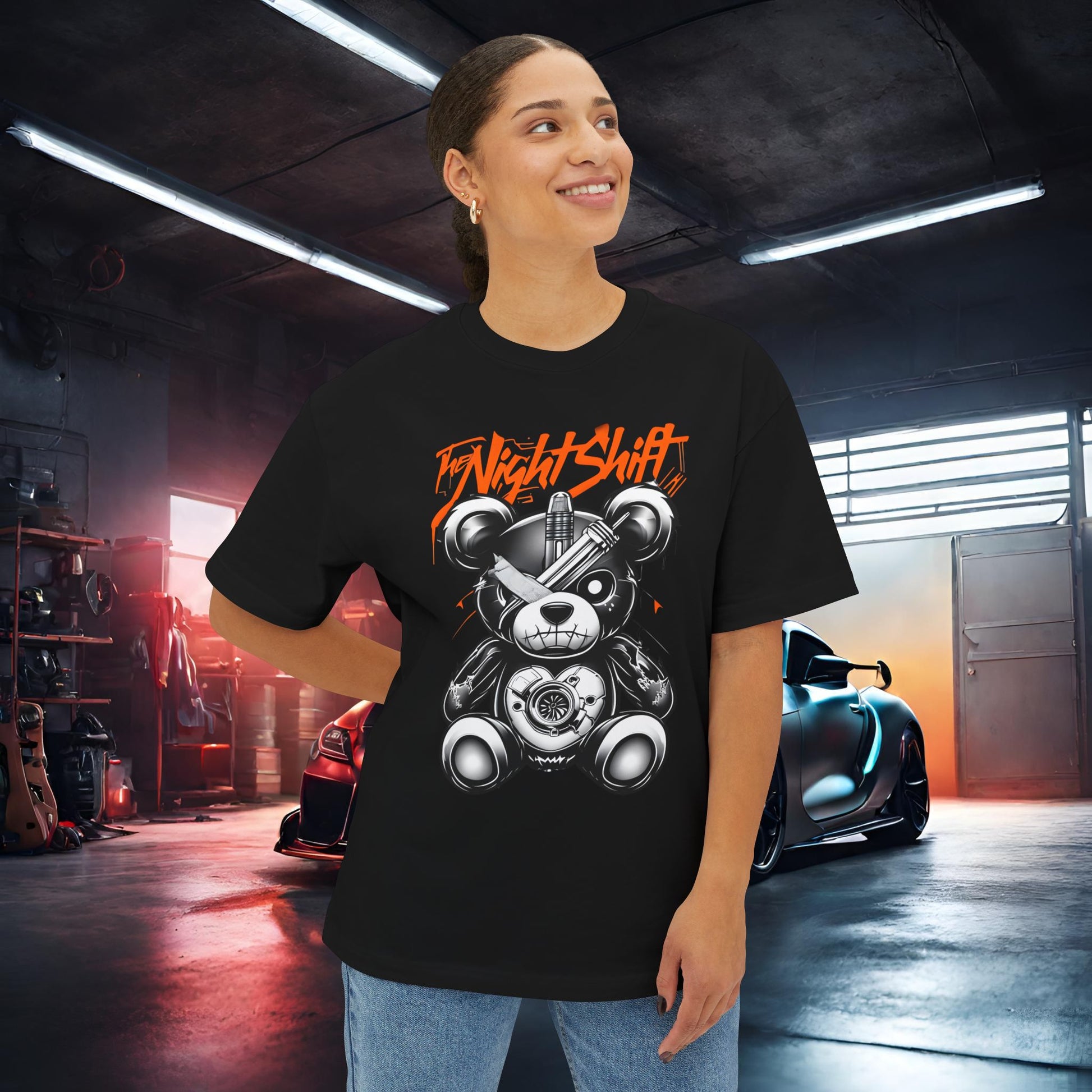 The Night Shift Tattered Teddy-Premium, Ultra Soft Unisex Oversized Boxy Tee Printify by The Night Shift Automotive Apparel