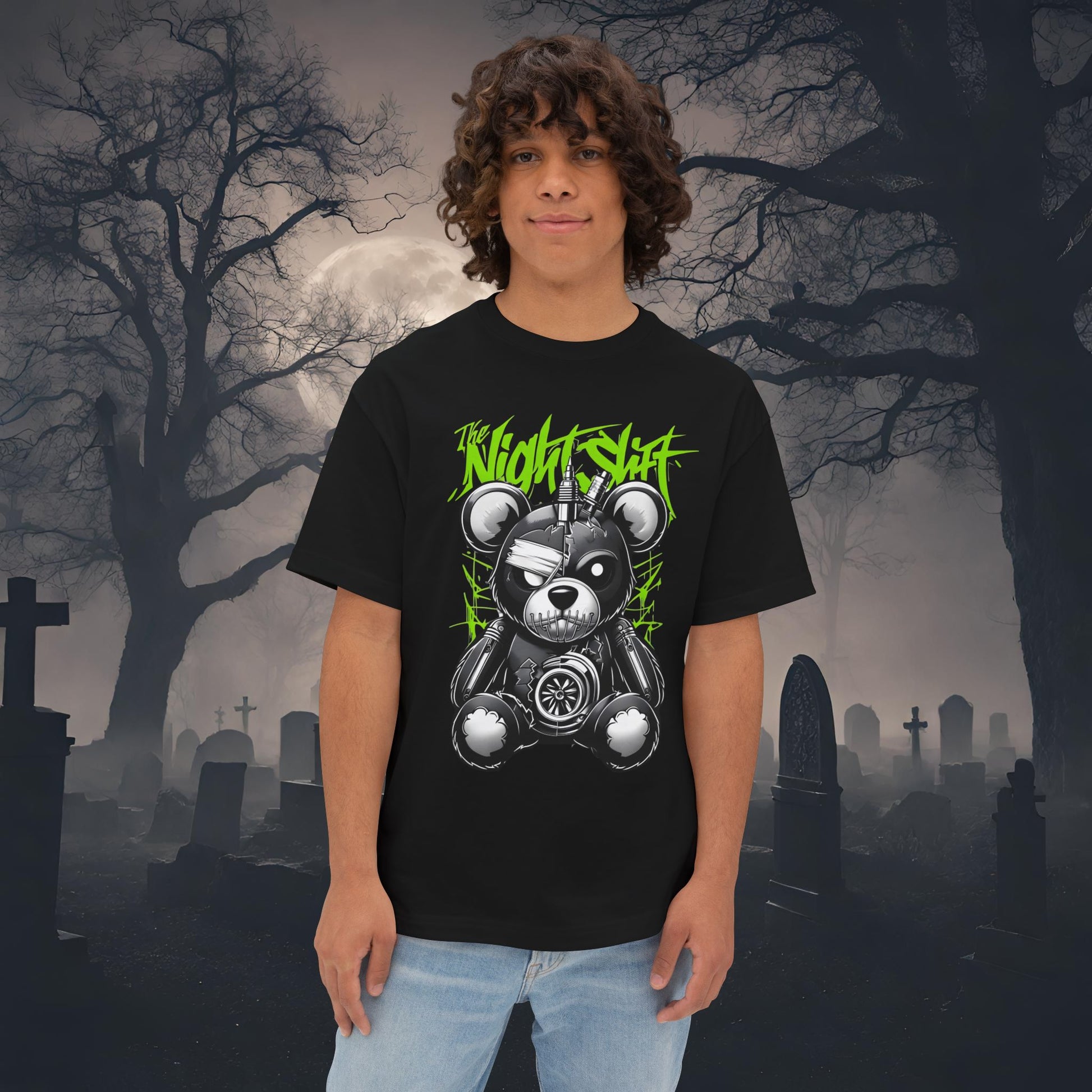 The Night Shift Tattered Teddy-Premium, Ultra Soft Unisex Oversized Boxy Tee Black Printify by The Night Shift Automotive Apparel
