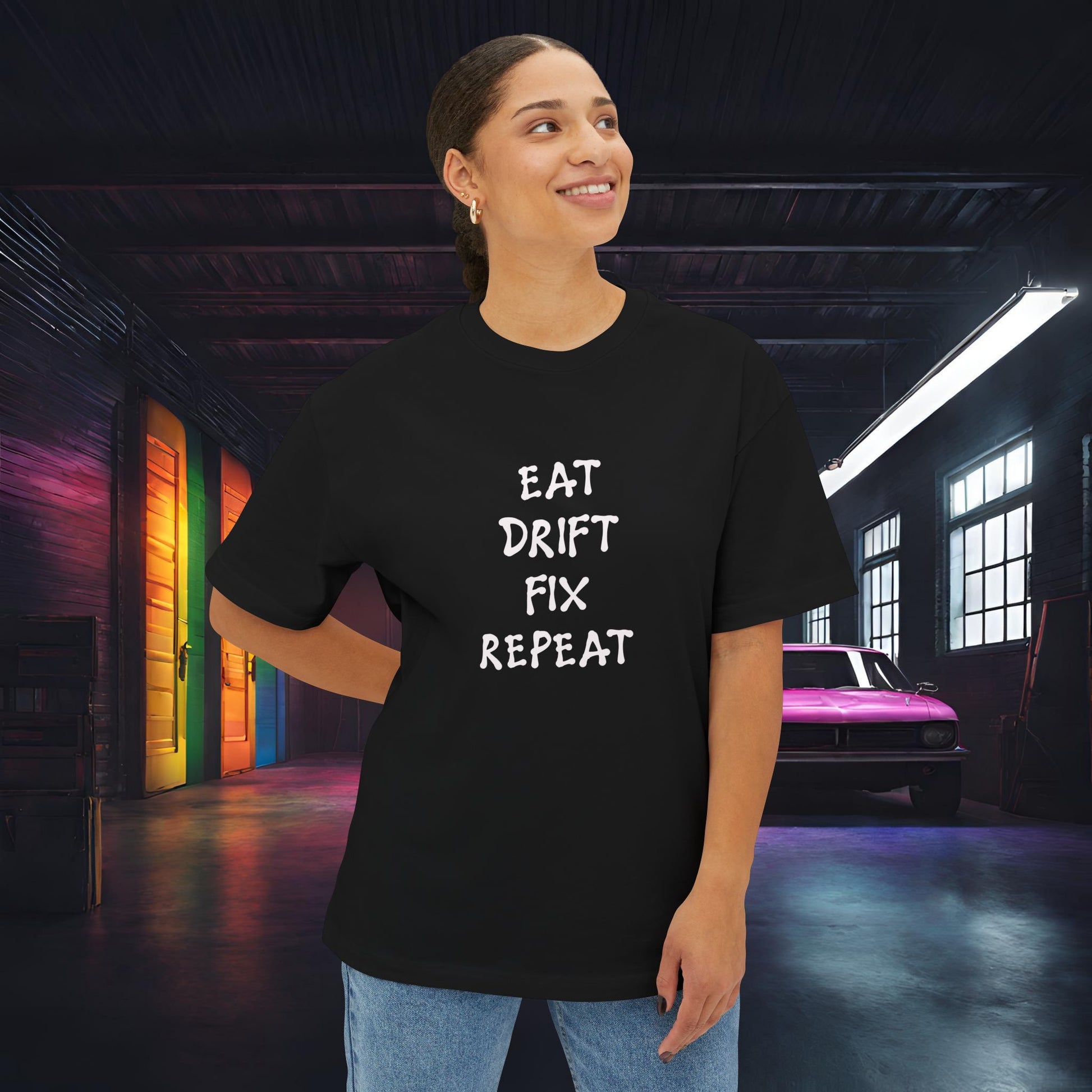 Eat, Drift, Fix, Repeat. I'll Sleep When I'm Dead-Premium, Ultra Soft, Unisex Oversized Boxy Tee Printify by The Night Shift Automotive Apparel