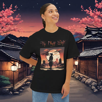 Samurai Full Moon Silhouette-Premium, Ultra Soft Unisex Oversized Boxy Tee Printify by The Night Shift Automotive Apparel