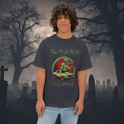 Hell Bound Zombie Muscle Car-Premium, Ultra Soft Unisex Oversized Boxy Tee Dark Grey Printify by The Night Shift Automotive Apparel