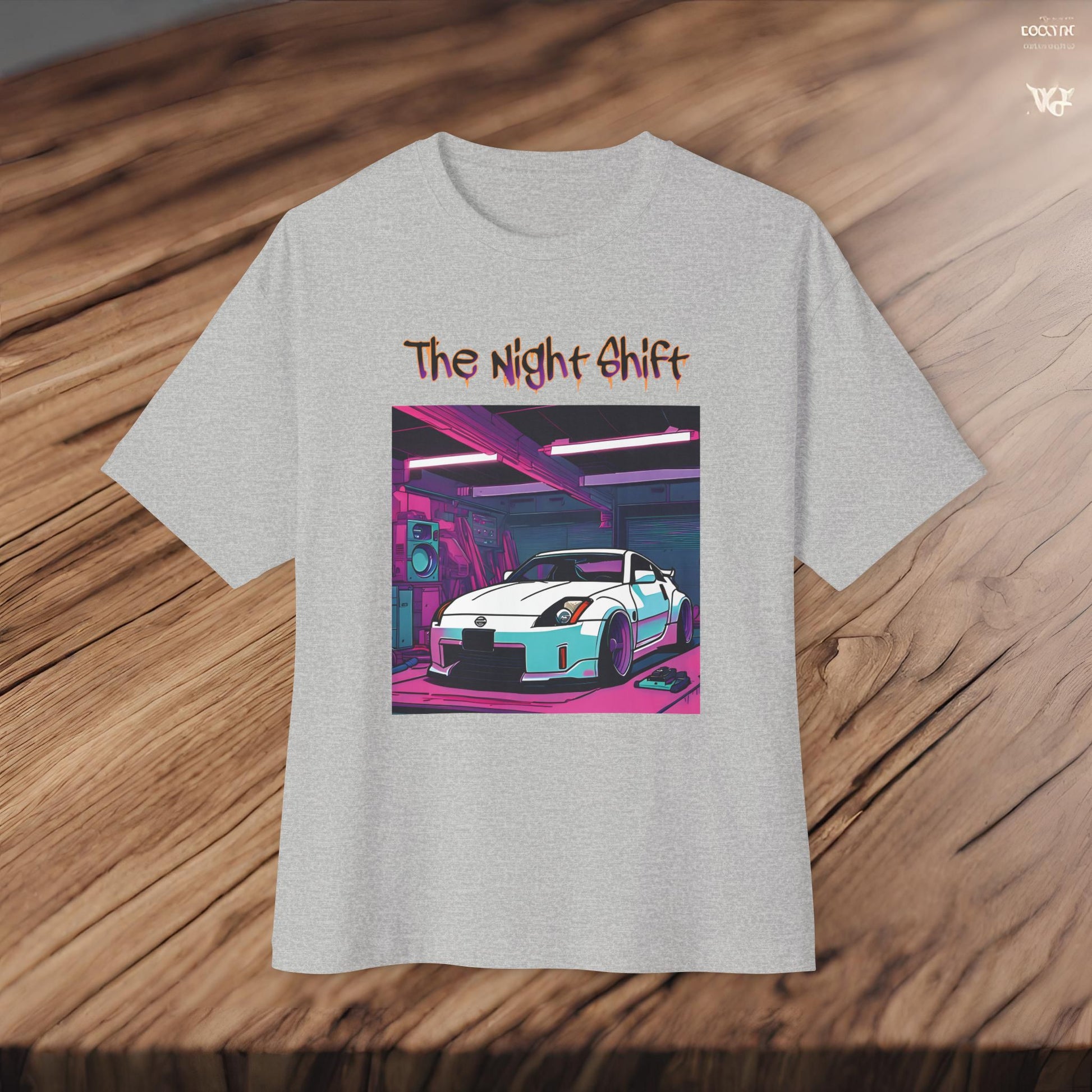 Nissan 350z Synthwave-Premium, Ultra Soft Unisex Oversized Boxy Tee Printify by The Night Shift Automotive Apparel