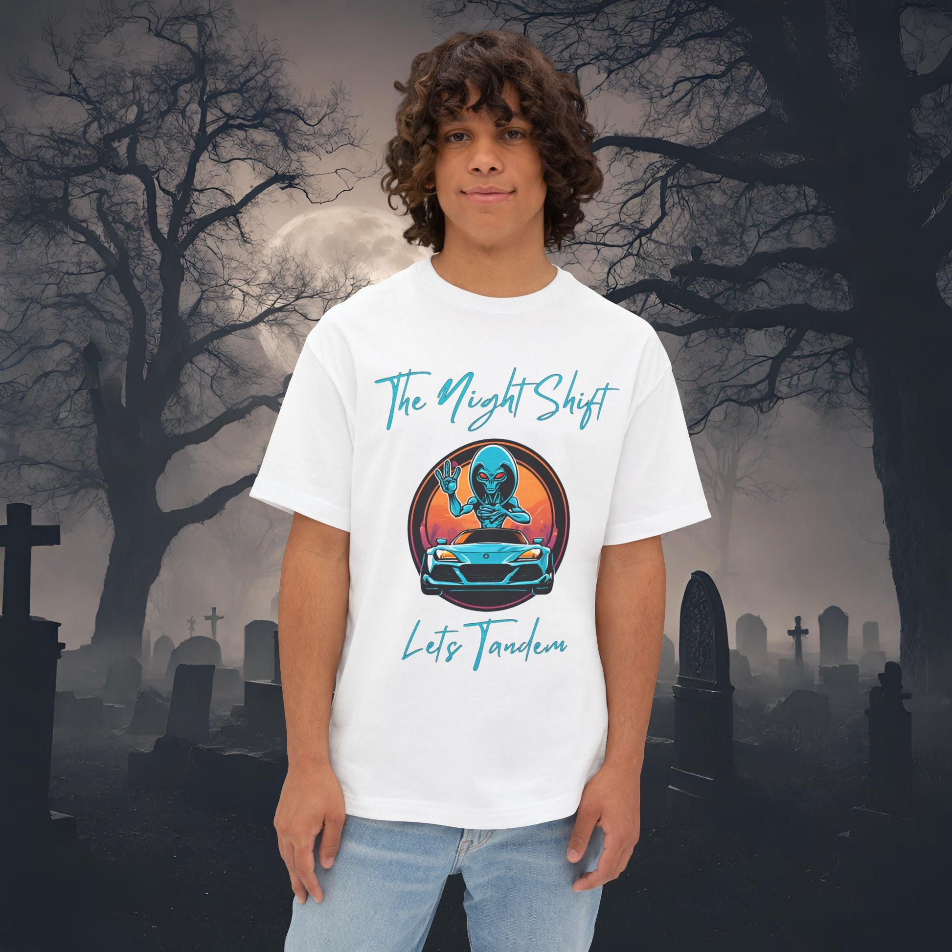 Lets Tandem Alien-Premium, Ultra Soft Unisex Oversized Boxy Tee White Printify by The Night Shift Automotive Apparel