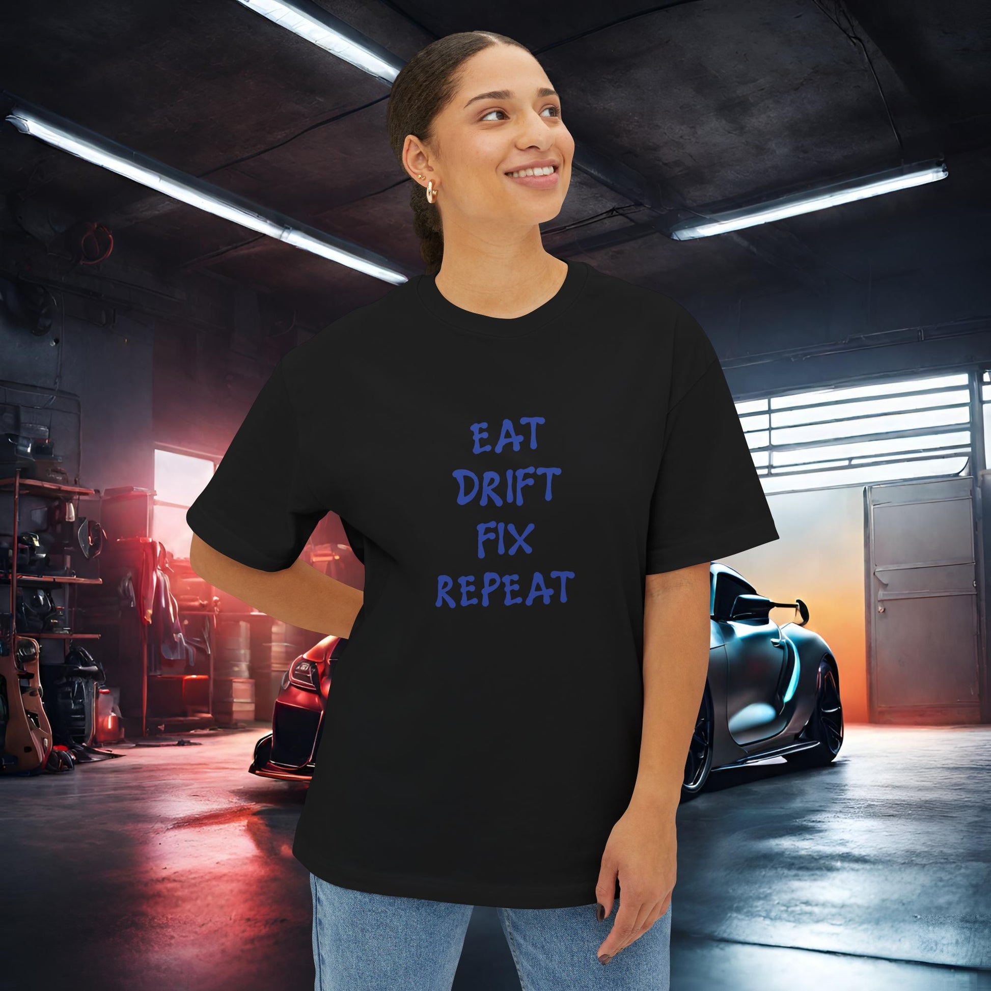 Eat, Drift, Fix, Repeat. I'll Sleep When I'm Dead-Premium, Ultra Soft Unisex Oversized Boxy Tee Printify by The Night Shift Automotive Apparel