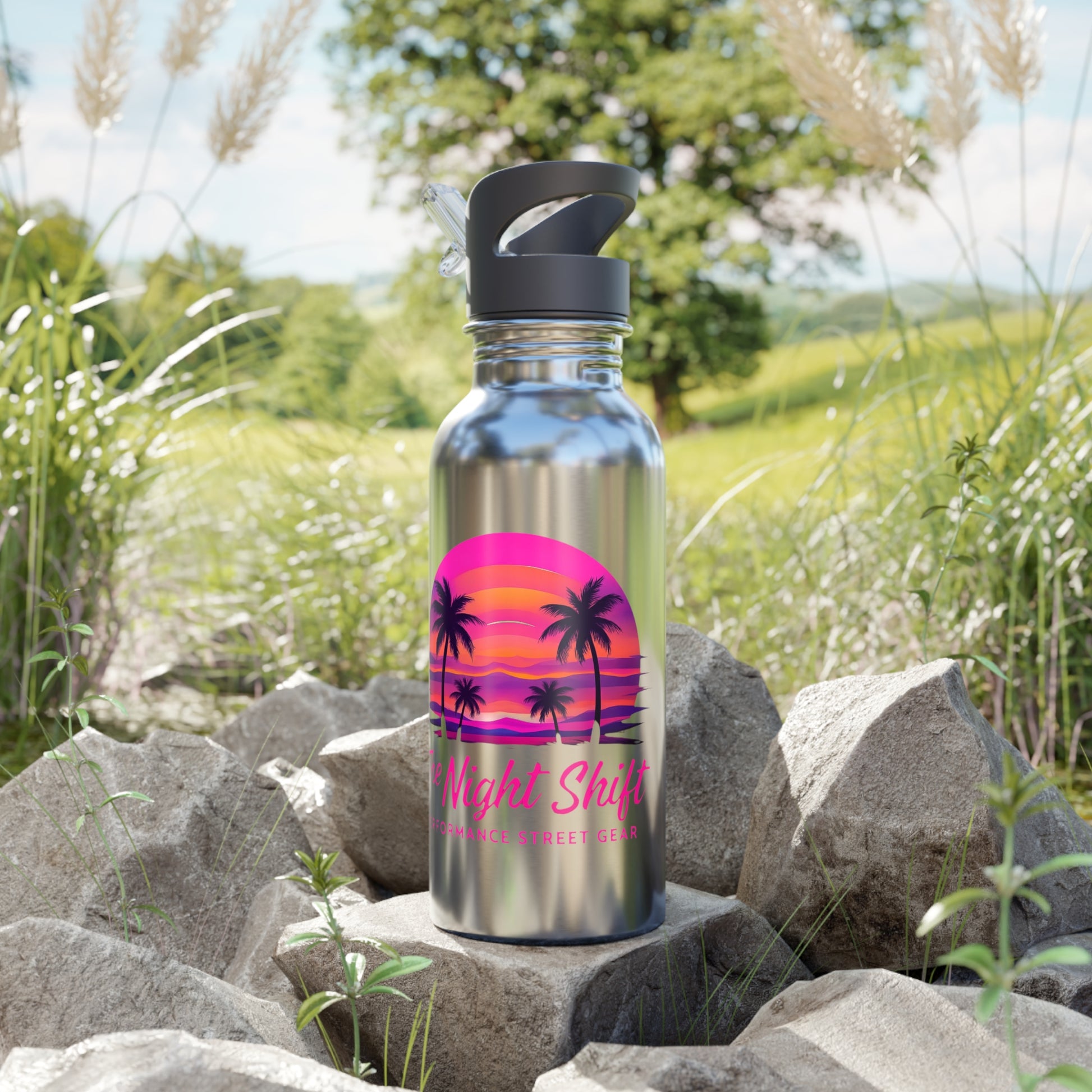 Stainless Steel Water Bottle With Straw, 20oz 20oz Silver Printify by The Night Shift Automotive Apparel