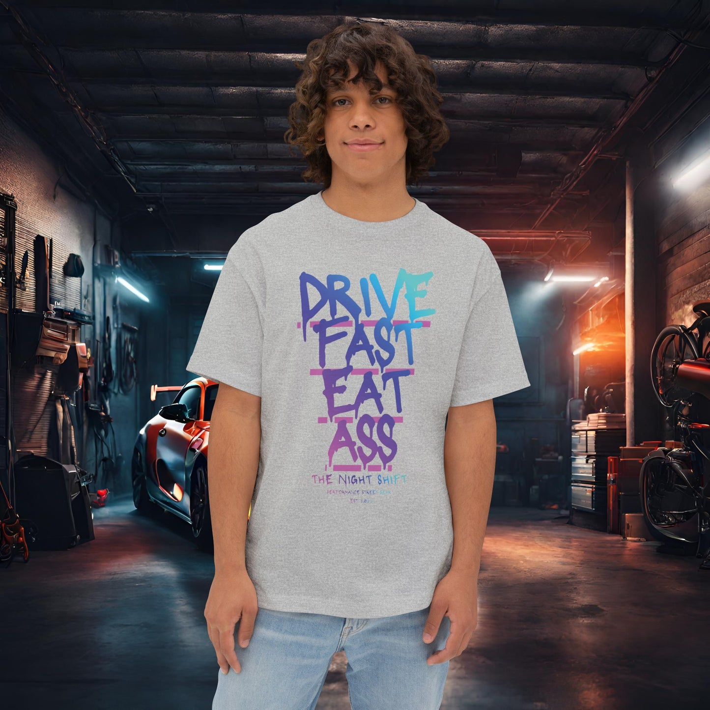 Drive Fast, Eat Ass-Premium, Ultra Soft Unisex Oversized Boxy Tee Athletic Heather Printify by The Night Shift Automotive Apparel