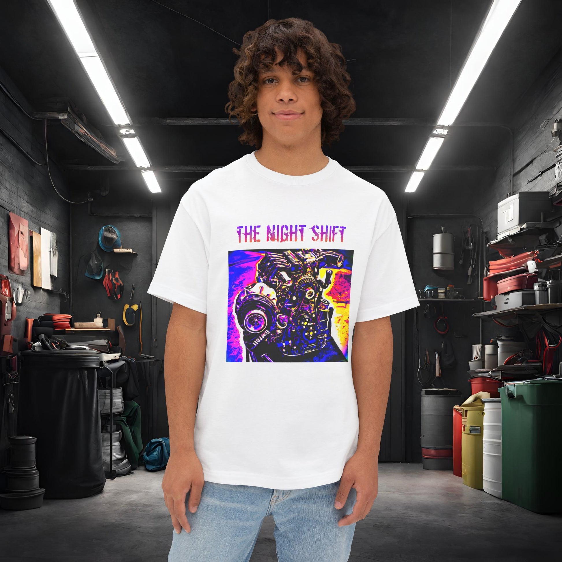 13B-REW Synthwave-Premium, Ultra Soft Unisex Oversized Boxy Tee White Printify by The Night Shift Automotive Apparel