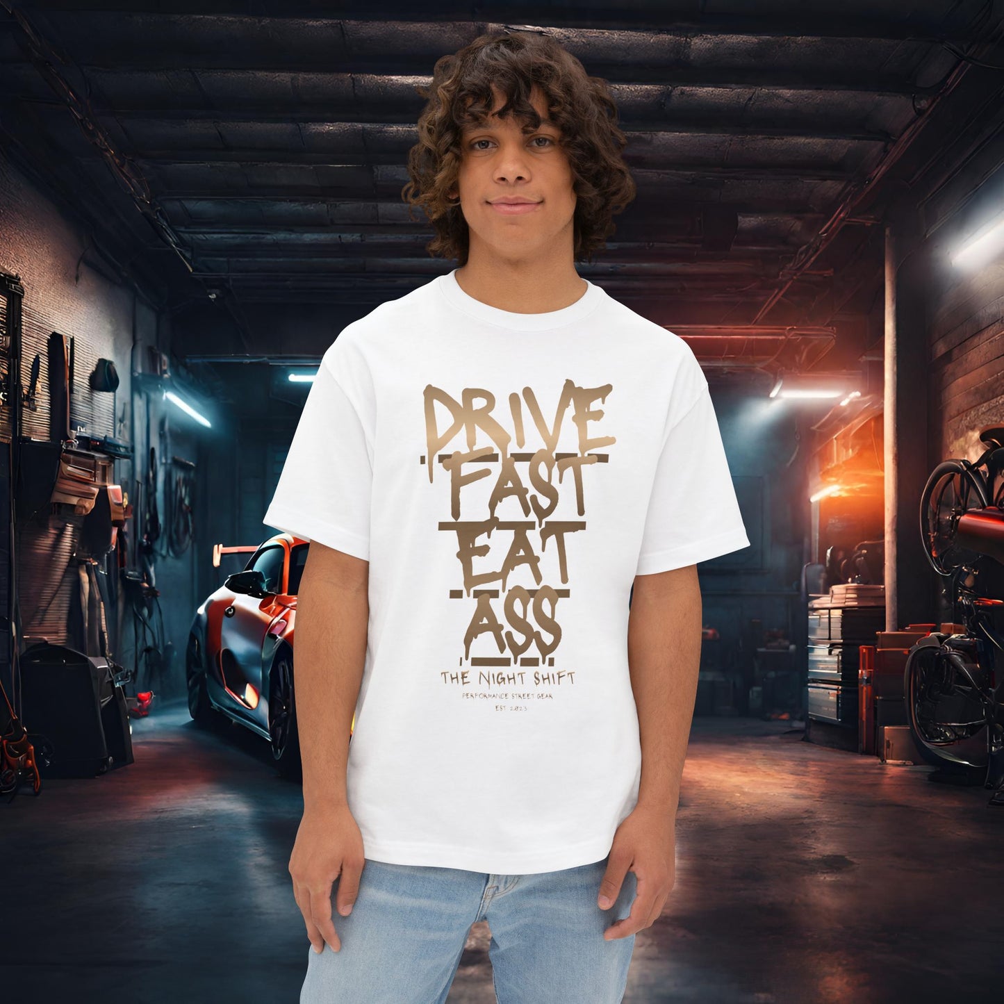 Drive Fast, Eat Ass-Premium, Ultra Soft Unisex Oversized Boxy Tee White Printify by The Night Shift Automotive Apparel
