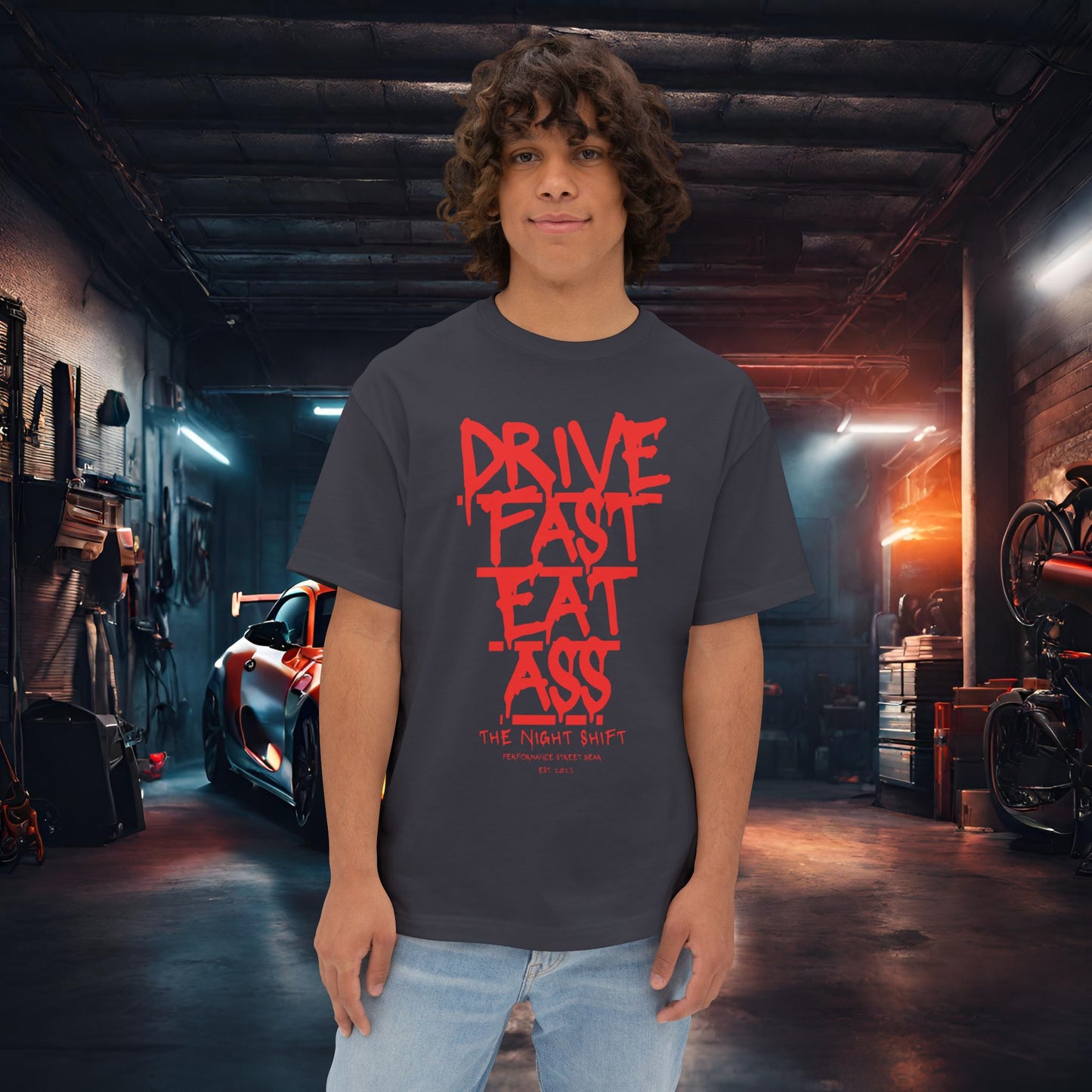 Drive Fast, Eat Ass-Premium, Ultra Soft Unisex Oversized Boxy Tee Dark Grey Printify by The Night Shift Automotive Apparel