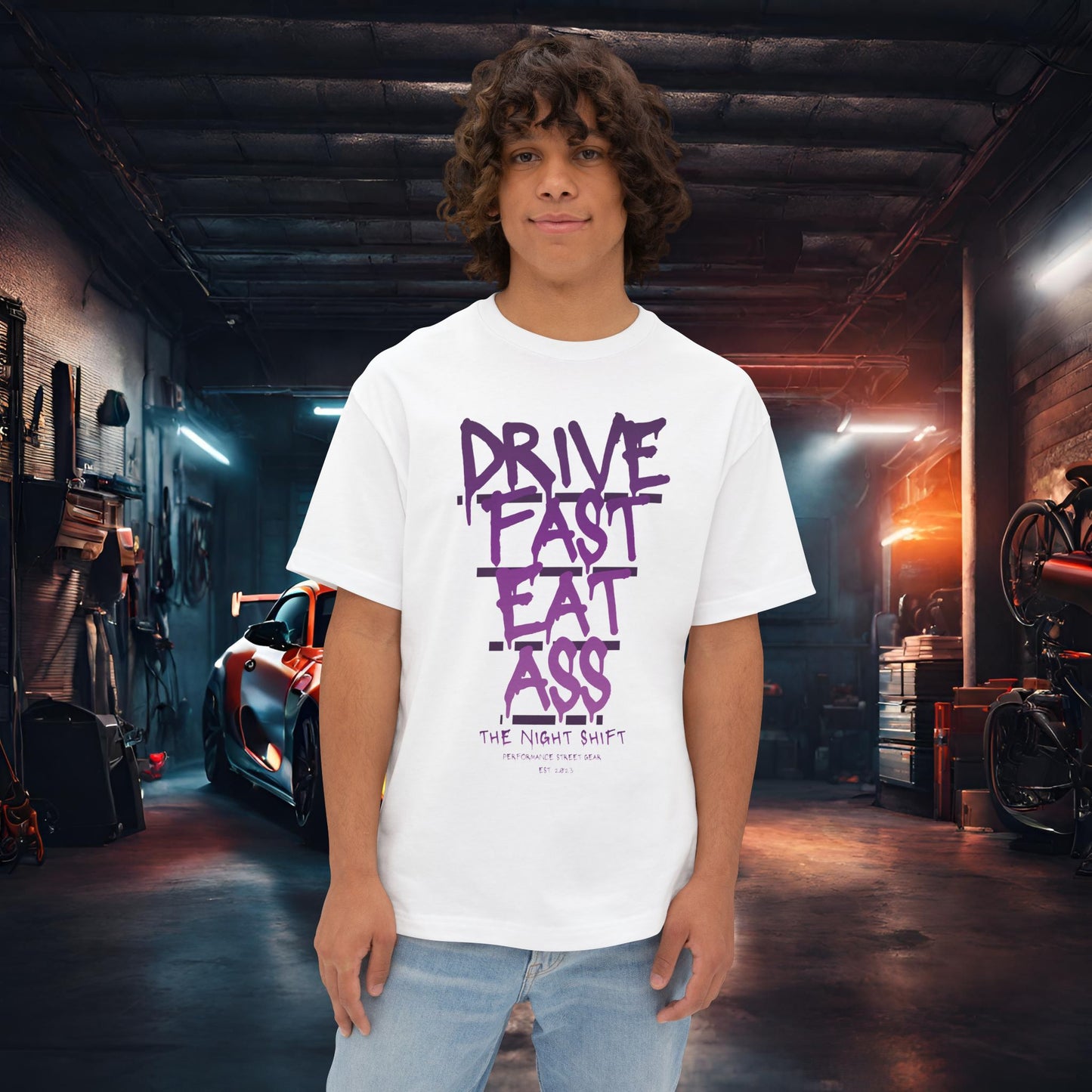 Drive Fast, Eat Ass-Premium, Ultra Soft Unisex Oversized Boxy Tee White Printify by The Night Shift Automotive Apparel