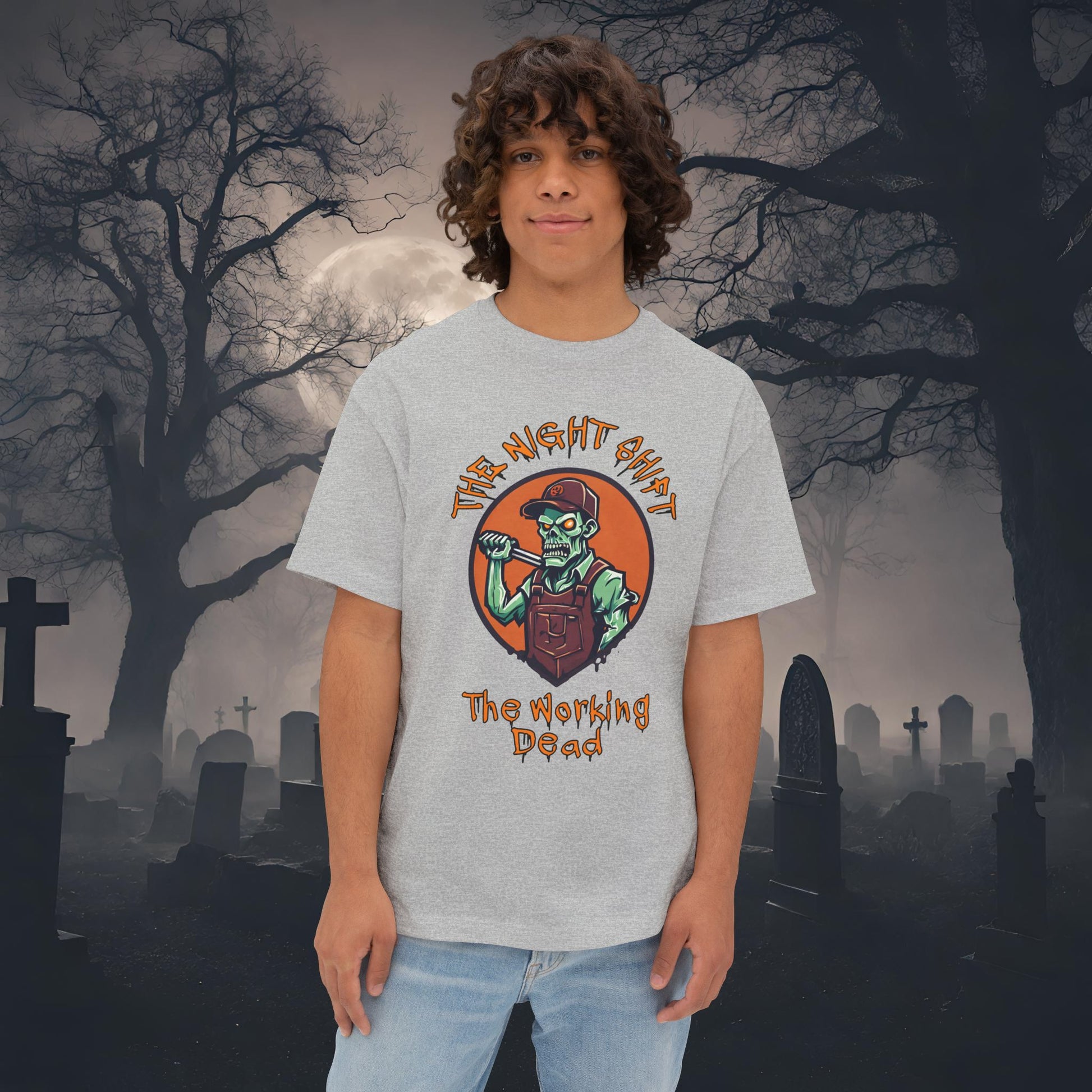 The Night Shift Zombie Mechanic-Premium, Ultra Soft Unisex Oversized Boxy Tee Athletic Heather Printify by The Night Shift Automotive Apparel