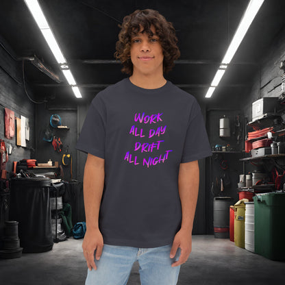 Work All Day, Drift All Night-Premium, Ultra Soft Unisex Oversized Boxy Tee Dark Grey Printify by The Night Shift Automotive Apparel