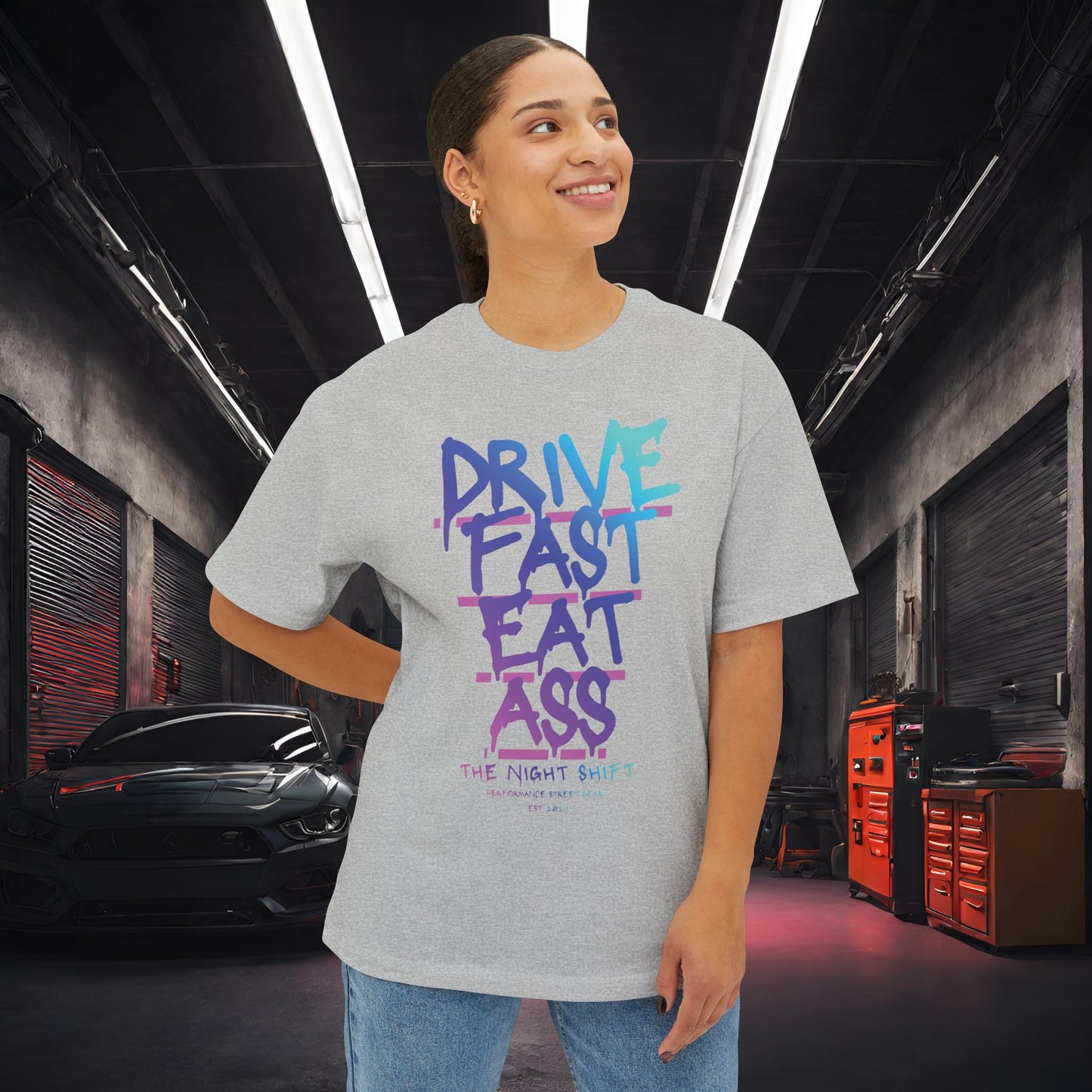 Drive Fast, Eat Ass-Premium, Ultra Soft Unisex Oversized Boxy Tee Printify by The Night Shift Automotive Apparel