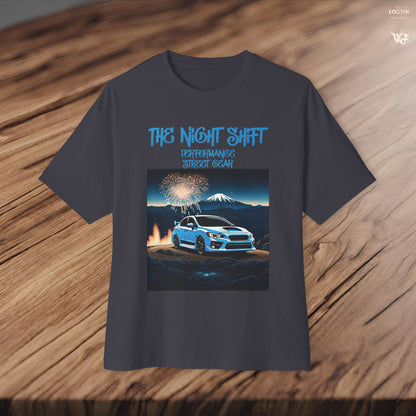 Subaru WRX/STI Fireworks In The Mountains - Premium, Ultra Soft Unisex Oversized Boxy Tee Printify by The Night Shift Automotive Apparel