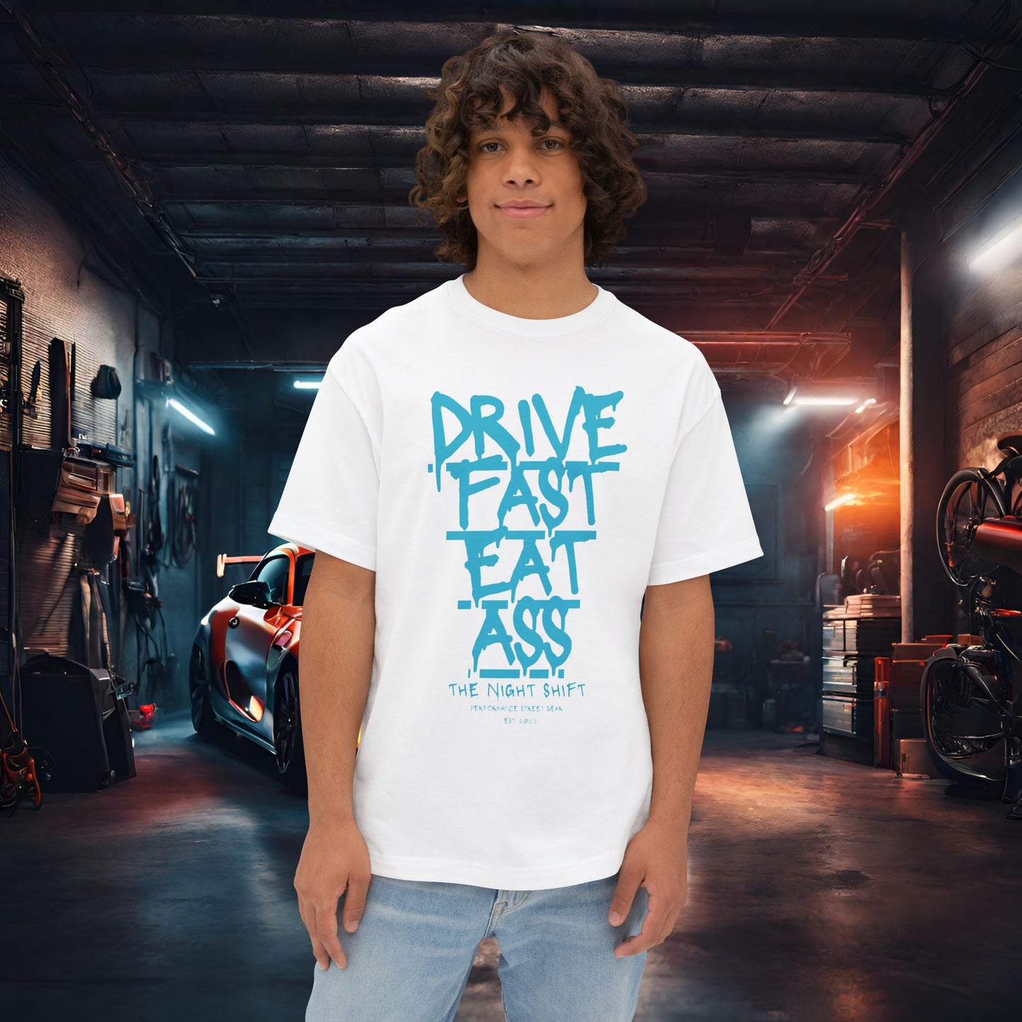 Drive Fast, Eat Ass-Premium, Ultra Soft Unisex Oversized Boxy Tee White Printify by The Night Shift Automotive Apparel