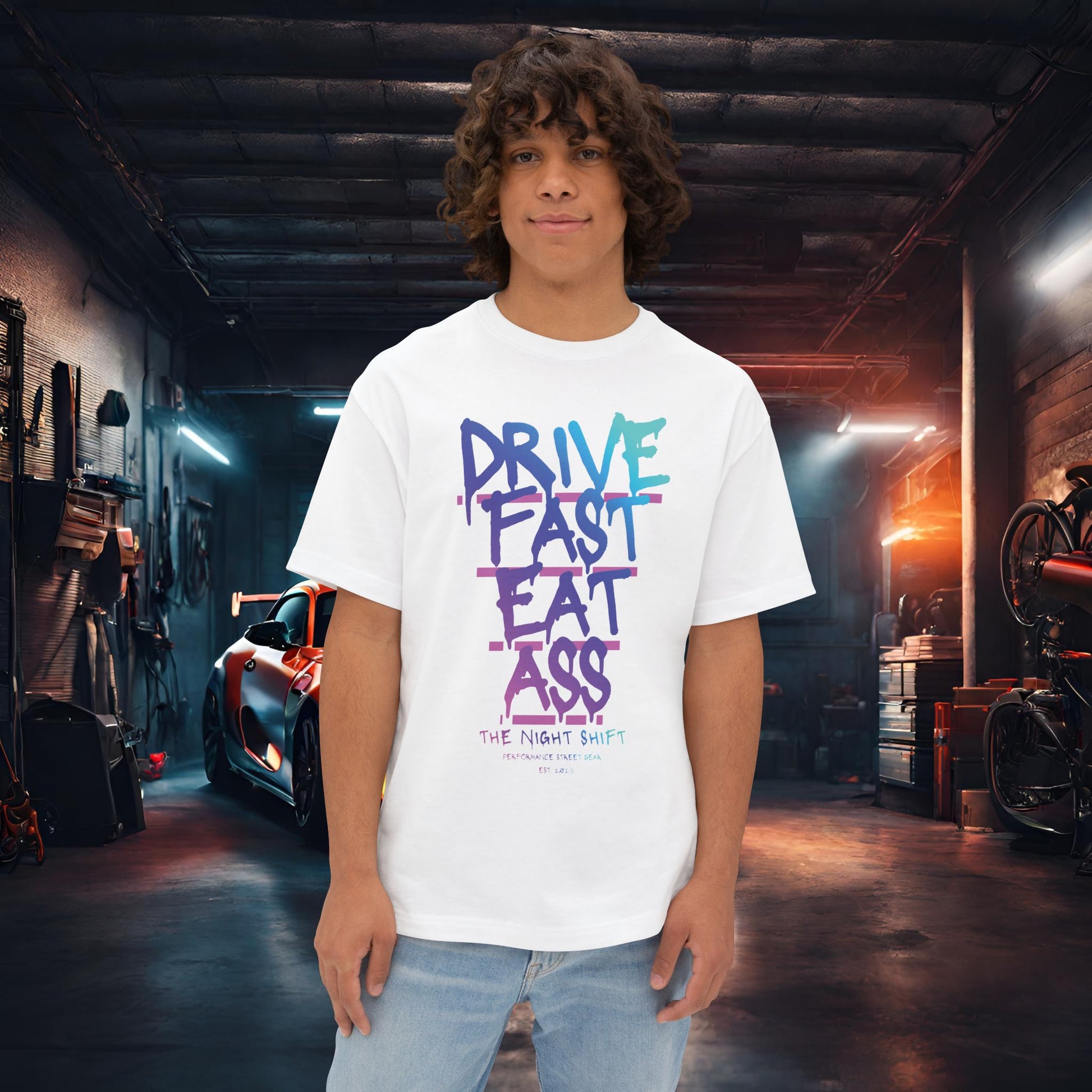 Drive Fast, Eat Ass-Premium, Ultra Soft Unisex Oversized Boxy Tee White Printify by The Night Shift Automotive Apparel