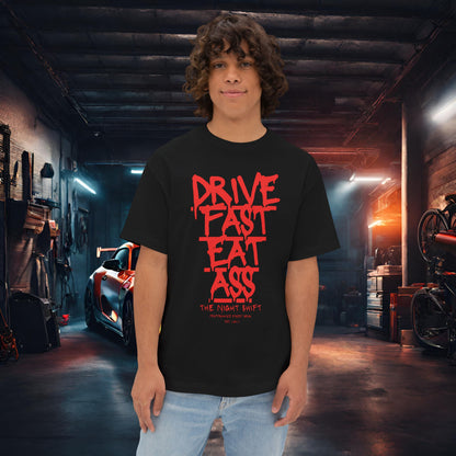 Drive Fast, Eat Ass-Premium, Ultra Soft Unisex Oversized Boxy Tee Black Printify by The Night Shift Automotive Apparel