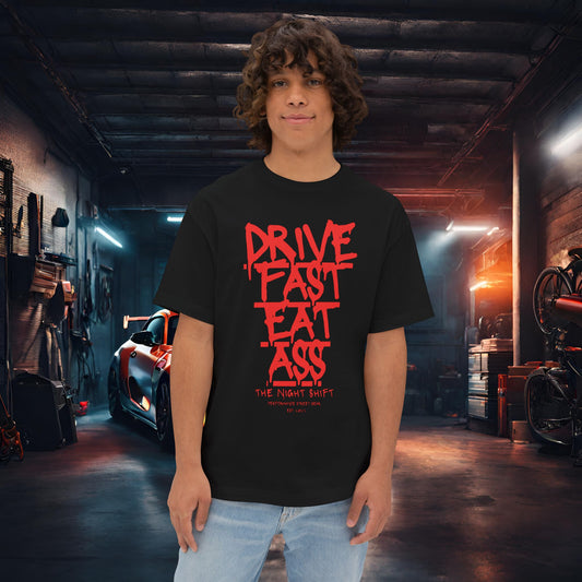 Drive Fast, Eat Ass-Premium, Ultra Soft Unisex Oversized Boxy Tee Black Printify by The Night Shift Automotive Apparel