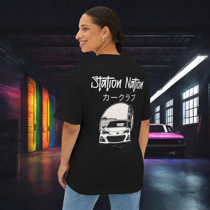 Station Nation-Premium, Ultra Soft Unisex Oversized Boxy Tee Black Printify by The Night Shift Automotive Apparel
