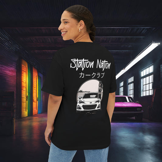 Station Nation-Premium, Ultra Soft Unisex Oversized Boxy Tee Black Printify by The Night Shift Automotive Apparel