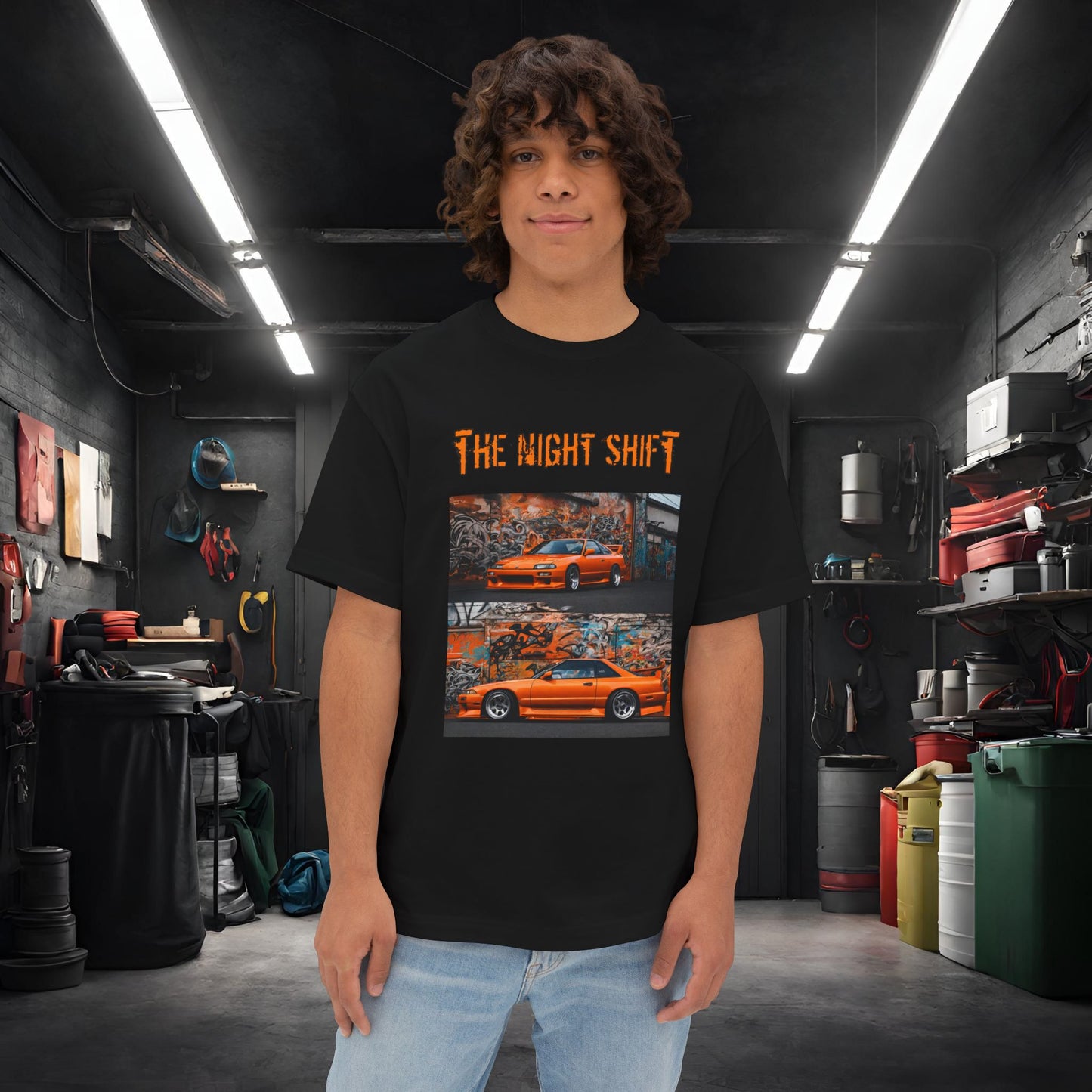 Nissan 240sx Graffiti-Premium, Ultra Soft Unisex Oversized Boxy Tee Black Printify by The Night Shift Automotive Apparel