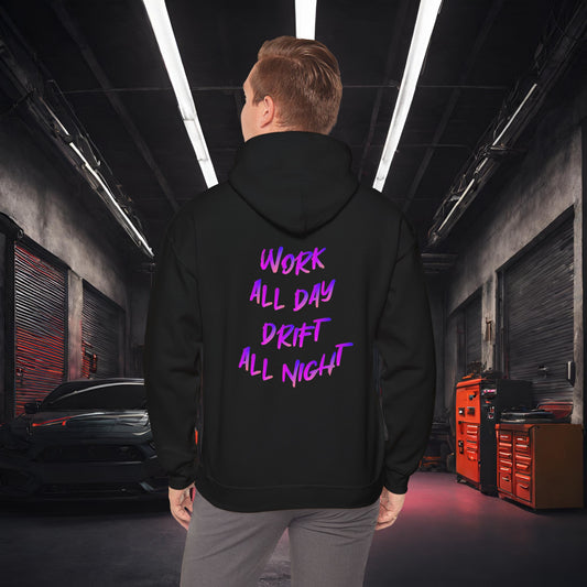 Work All Day, Drift All Night-Ultra Soft, Premium Hoodie Black Printify by The Night Shift Automotive Apparel
