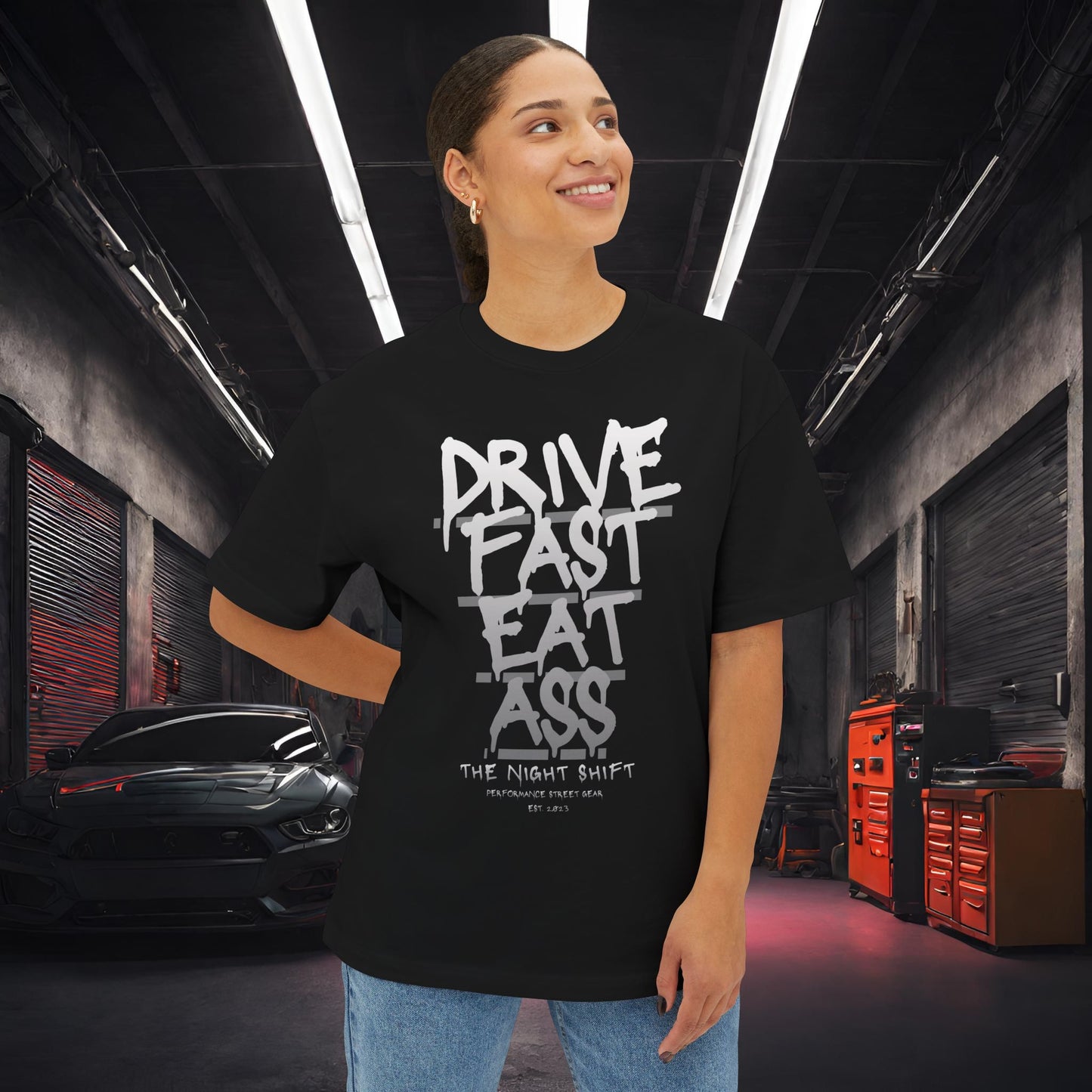 Drive Fast, Eat Ass-Premium, Ultra Soft Unisex Oversized Boxy Tee Printify by The Night Shift Automotive Apparel