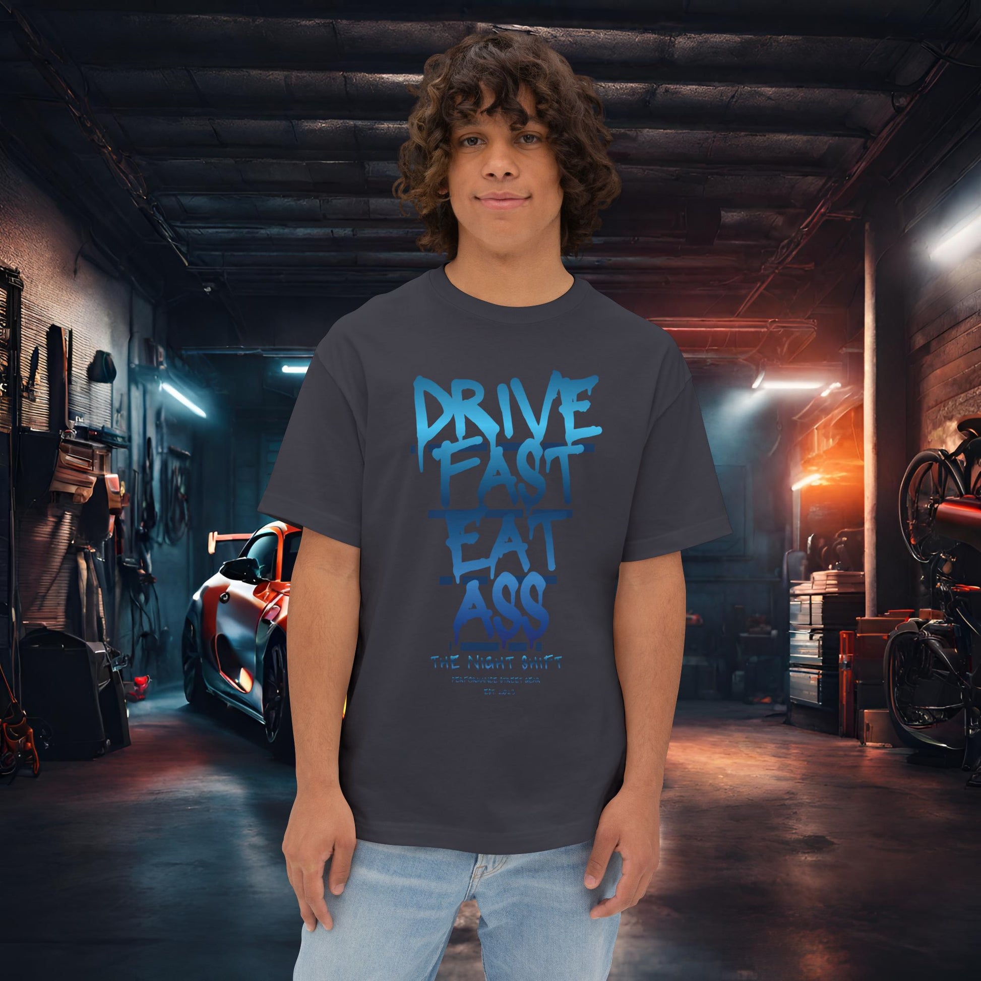 Drive Fast, Eat Ass-Premium, Ultra Soft Unisex Oversized Boxy Tee Dark Grey Printify by The Night Shift Automotive Apparel