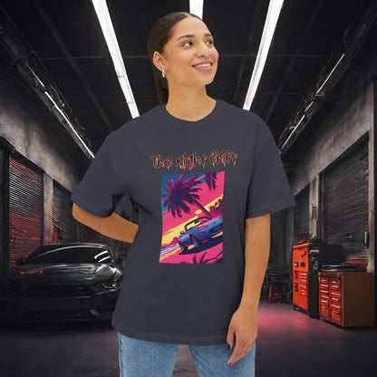 Miata Topless Beach Cruise Synthwave-Premium, Ultra Soft Unisex Oversized Boxy Tee Printify by The Night Shift Automotive Apparel