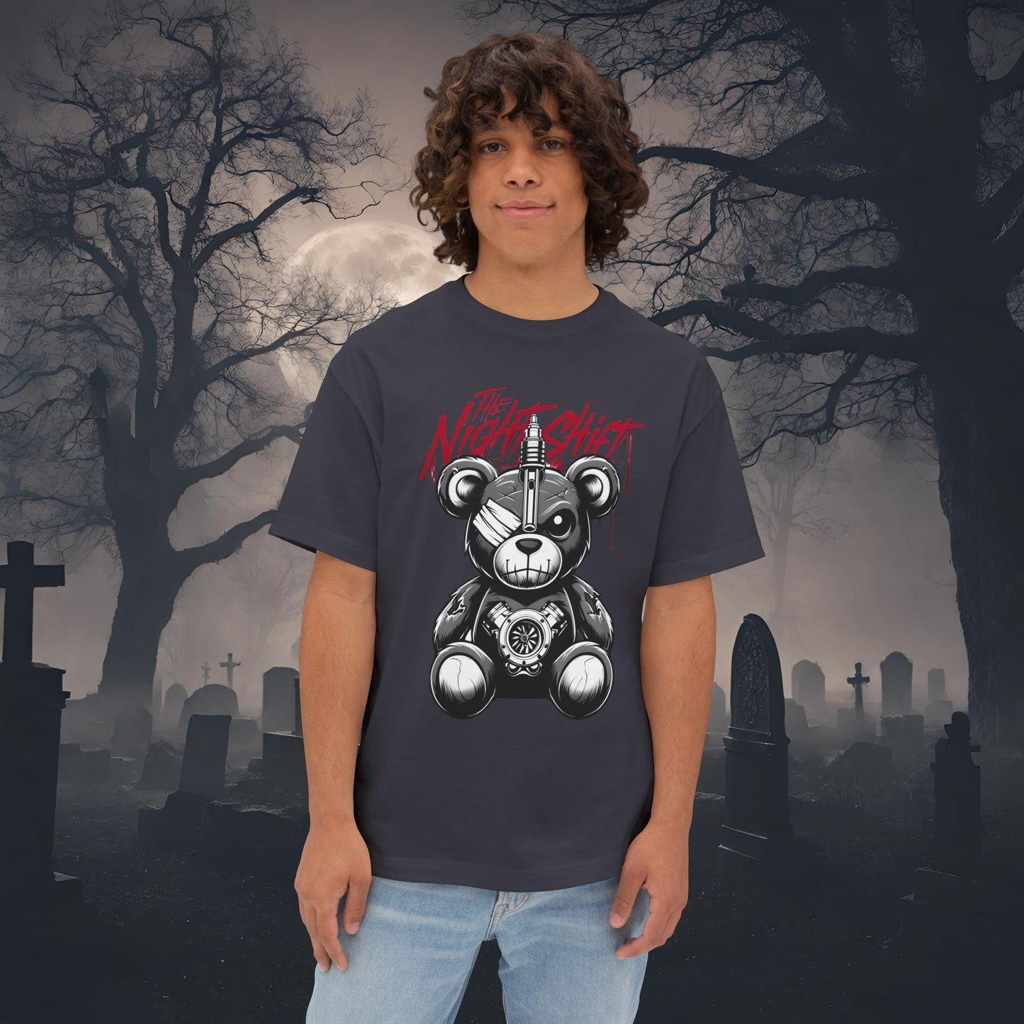 The Night Shift Tattered Teddy-Premium, Ultra Soft Unisex Oversized Boxy Tee Dark Grey Printify by The Night Shift Automotive Apparel