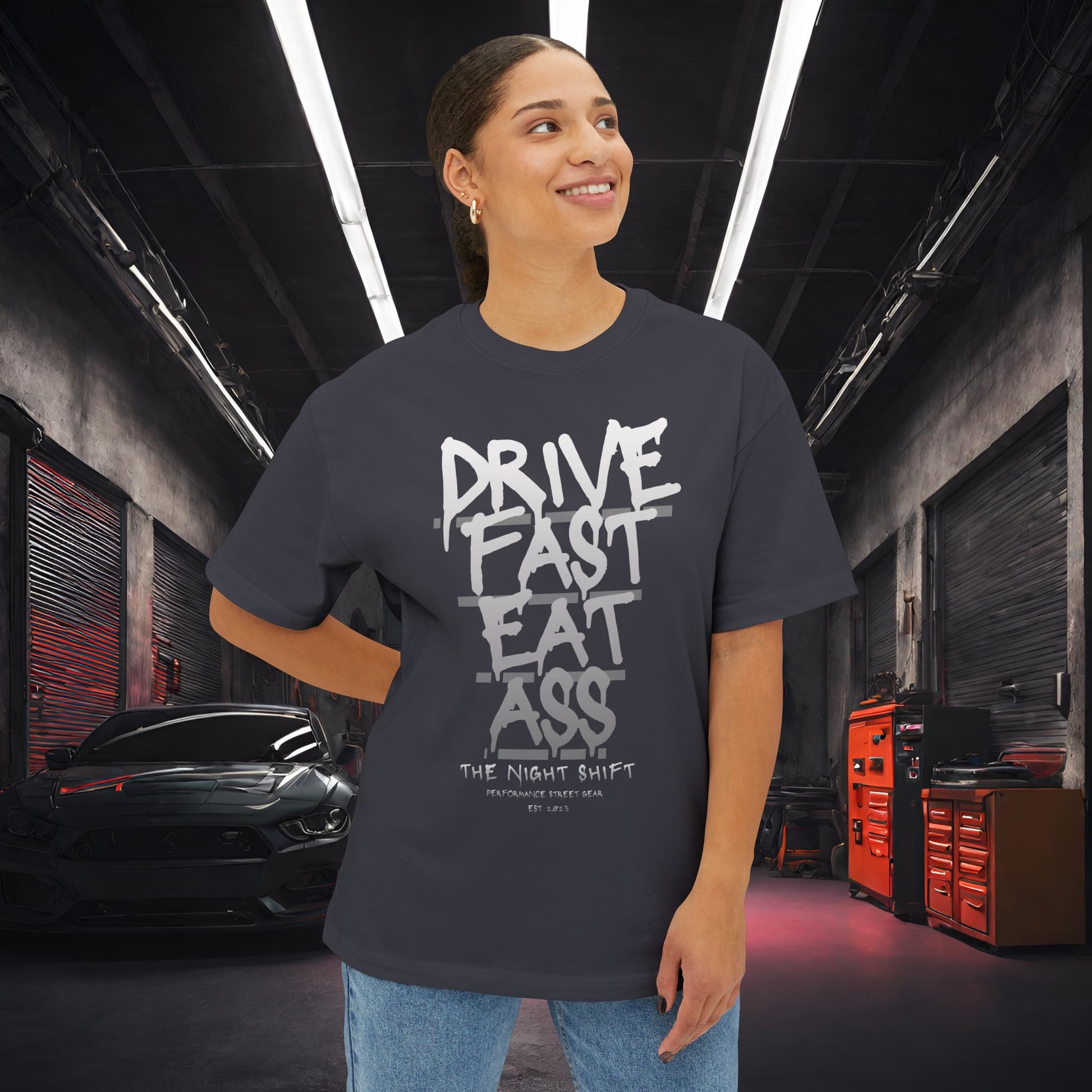 Drive Fast, Eat Ass-Premium, Ultra Soft Unisex Oversized Boxy Tee Printify by The Night Shift Automotive Apparel
