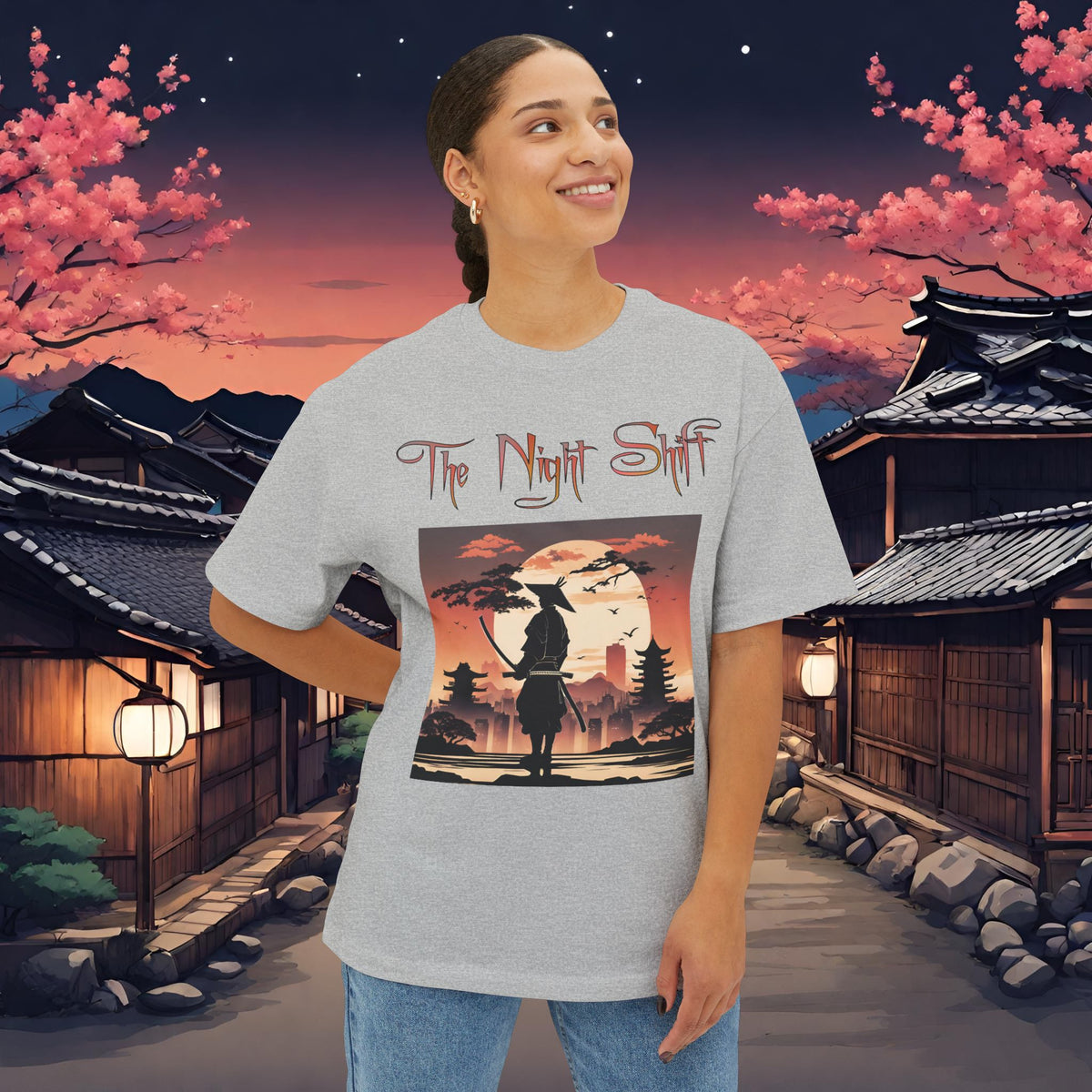 Samurai Full Moon Silhouette-Premium, Ultra Soft Unisex Oversized Boxy Tee Printify by The Night Shift Automotive Apparel