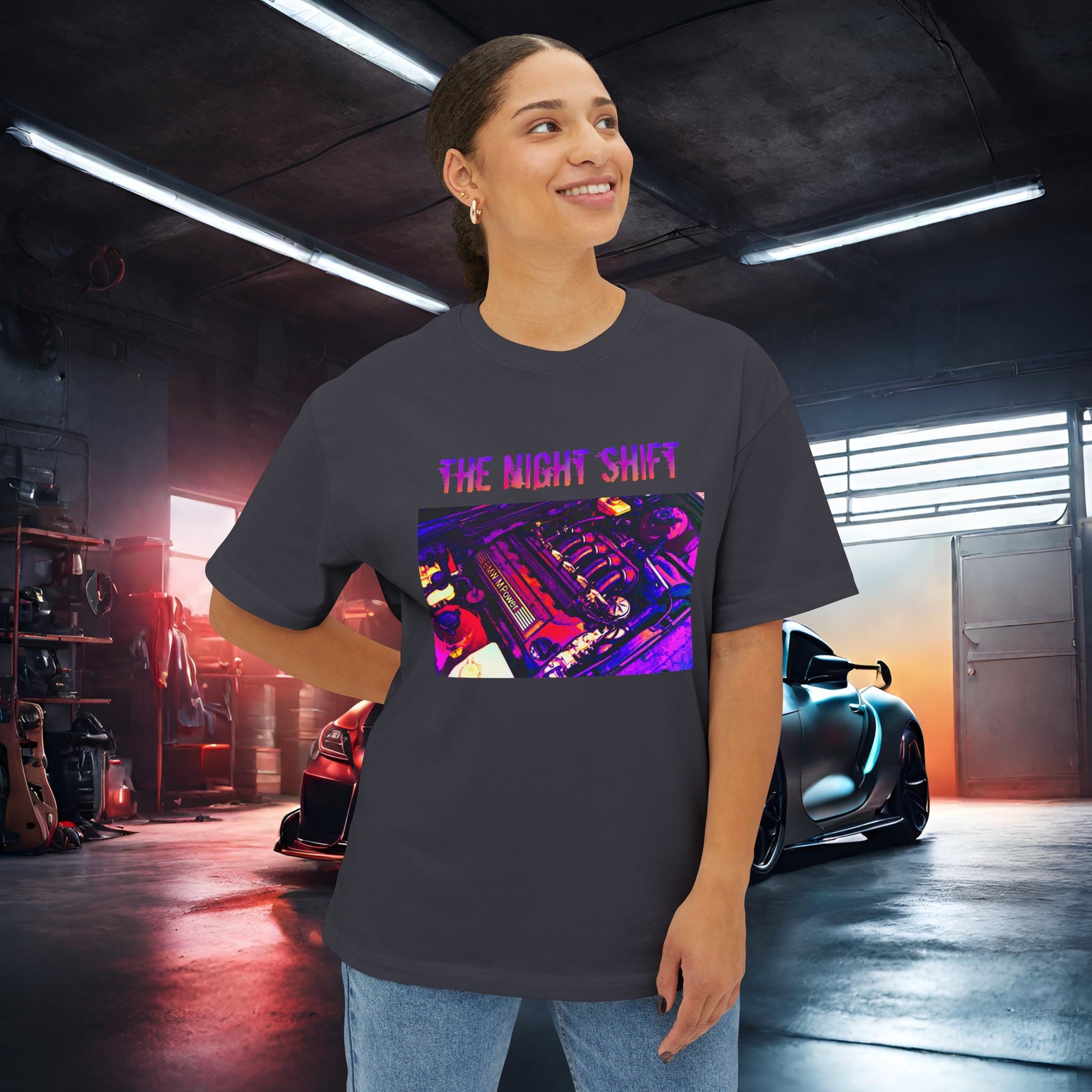 S50B32 Synthwave-Premium, Ultra Soft Unisex Oversized Boxy Tee Printify by The Night Shift Automotive Apparel