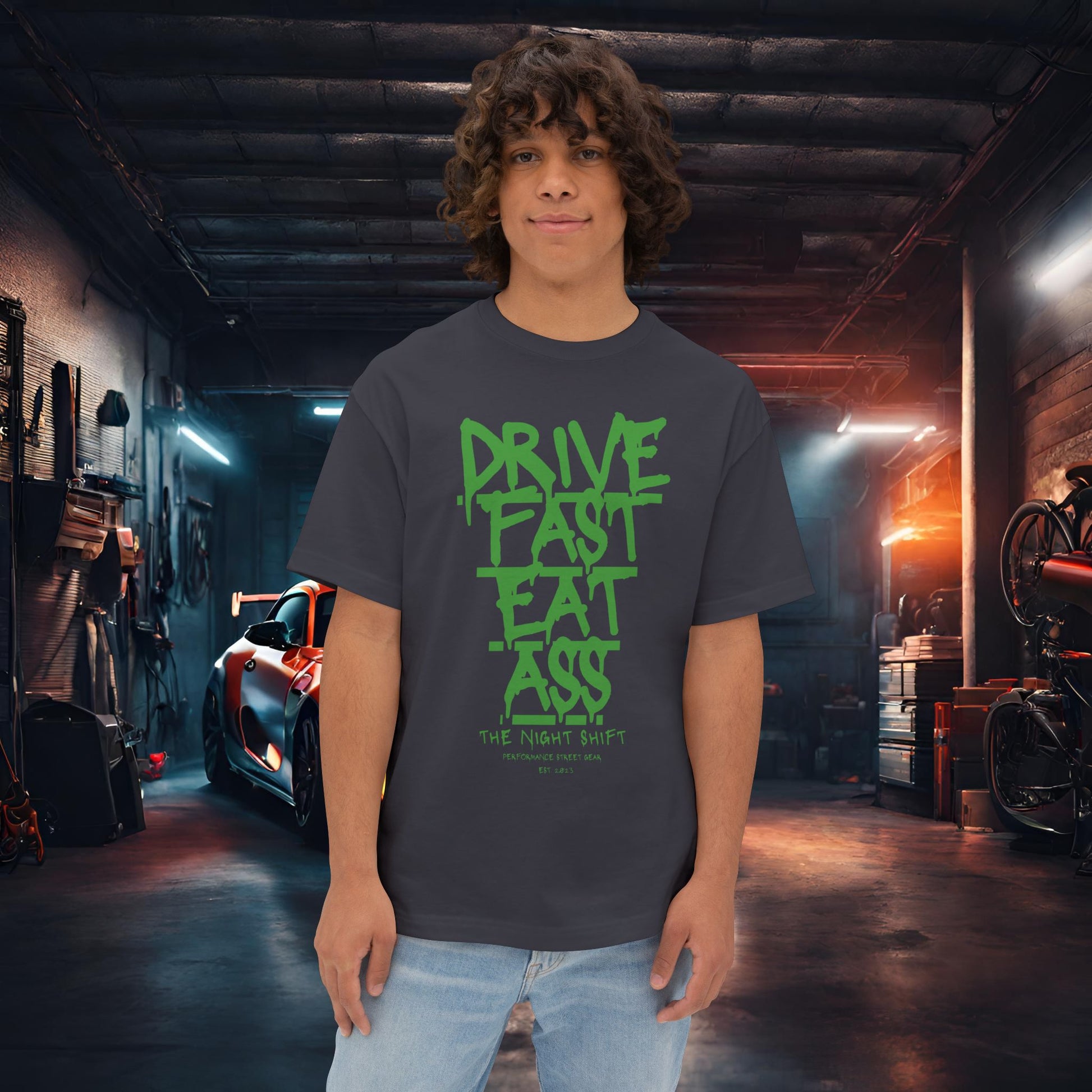 Drive Fast, Eat Ass-Premium, Ultra Soft Unisex Oversized Boxy Tee Dark Grey Printify by The Night Shift Automotive Apparel