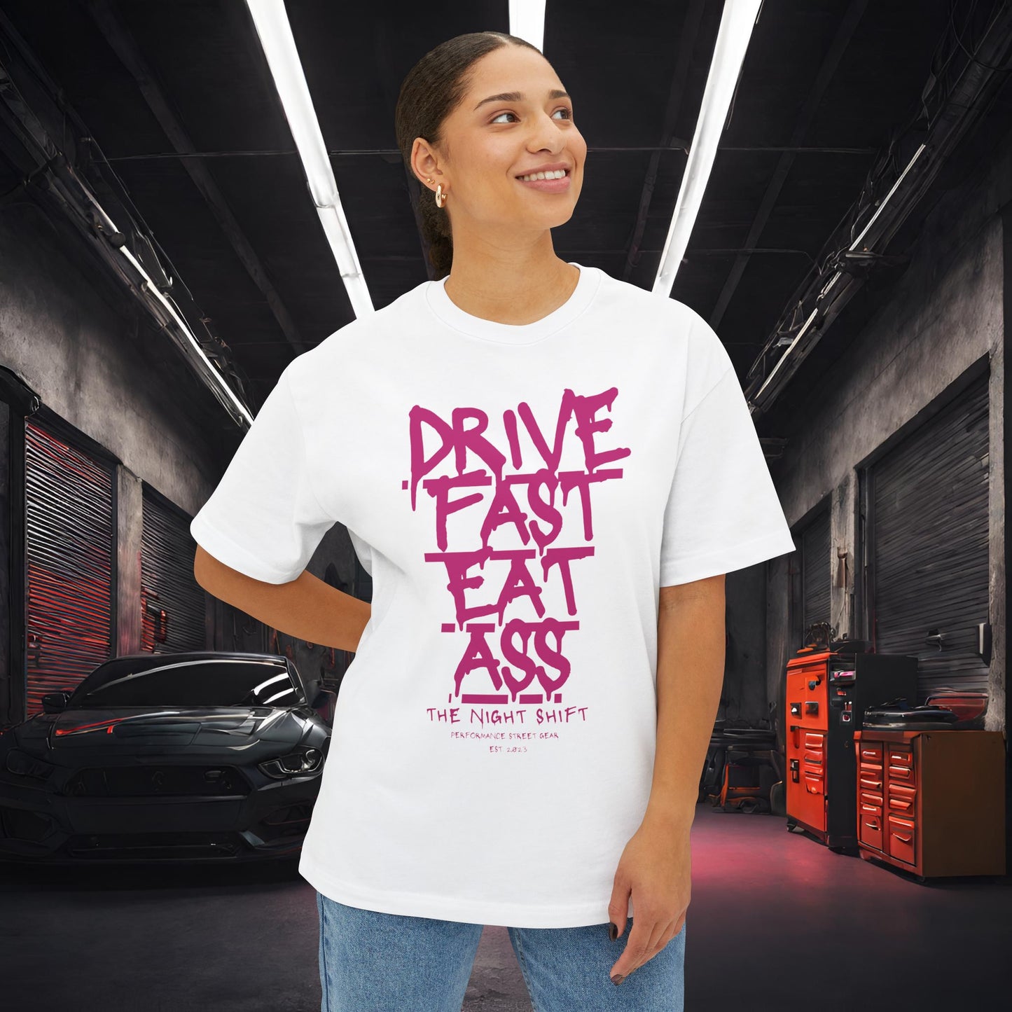 Drive Fast, Eat Ass-Premium, Ultra Soft Unisex Oversized Boxy Tee Printify by The Night Shift Automotive Apparel
