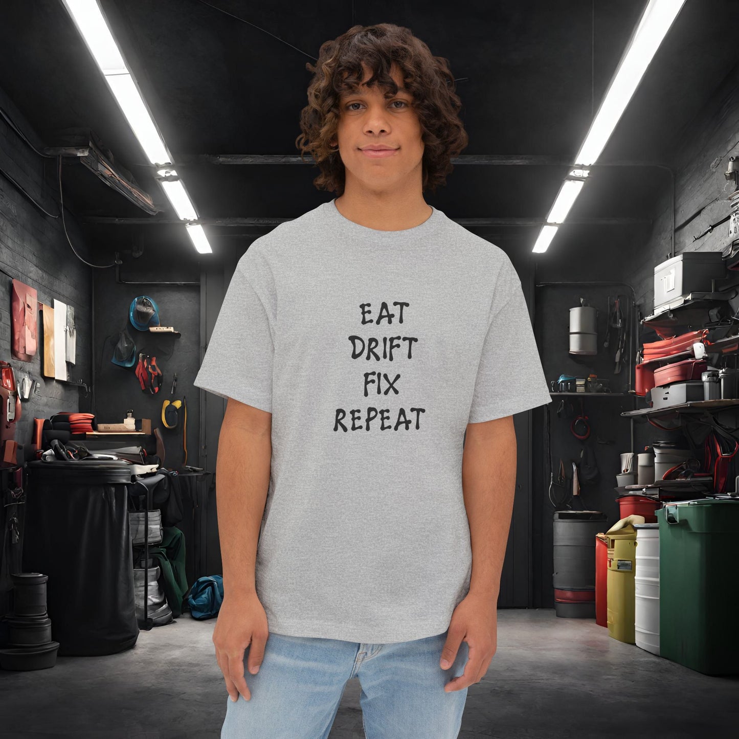Eat, Drift, Fix, Repeat. I'll Sleep When I'm Dead-Premium, Ultra Soft, Unisex Oversized Boxy Tee Athletic Heather Printify by The Night Shift Automotive Apparel